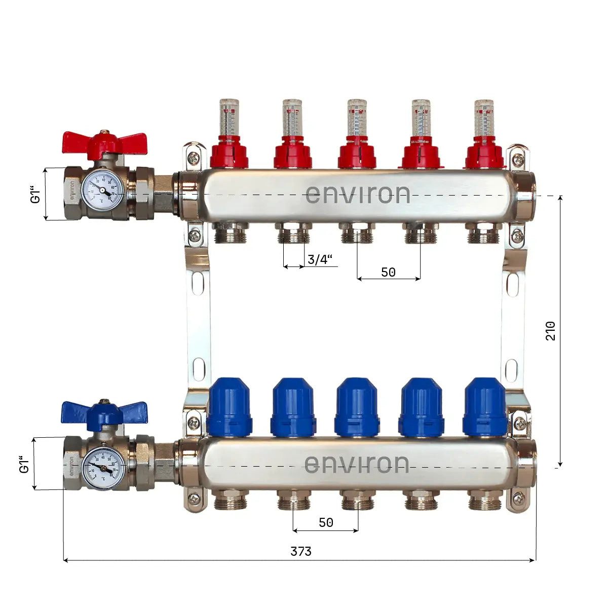 Environ Fußbodenheizung Edelstahl Heizkreisverteiler 2 - 12 fach mit Kugelhahn-Anschluss-Set -