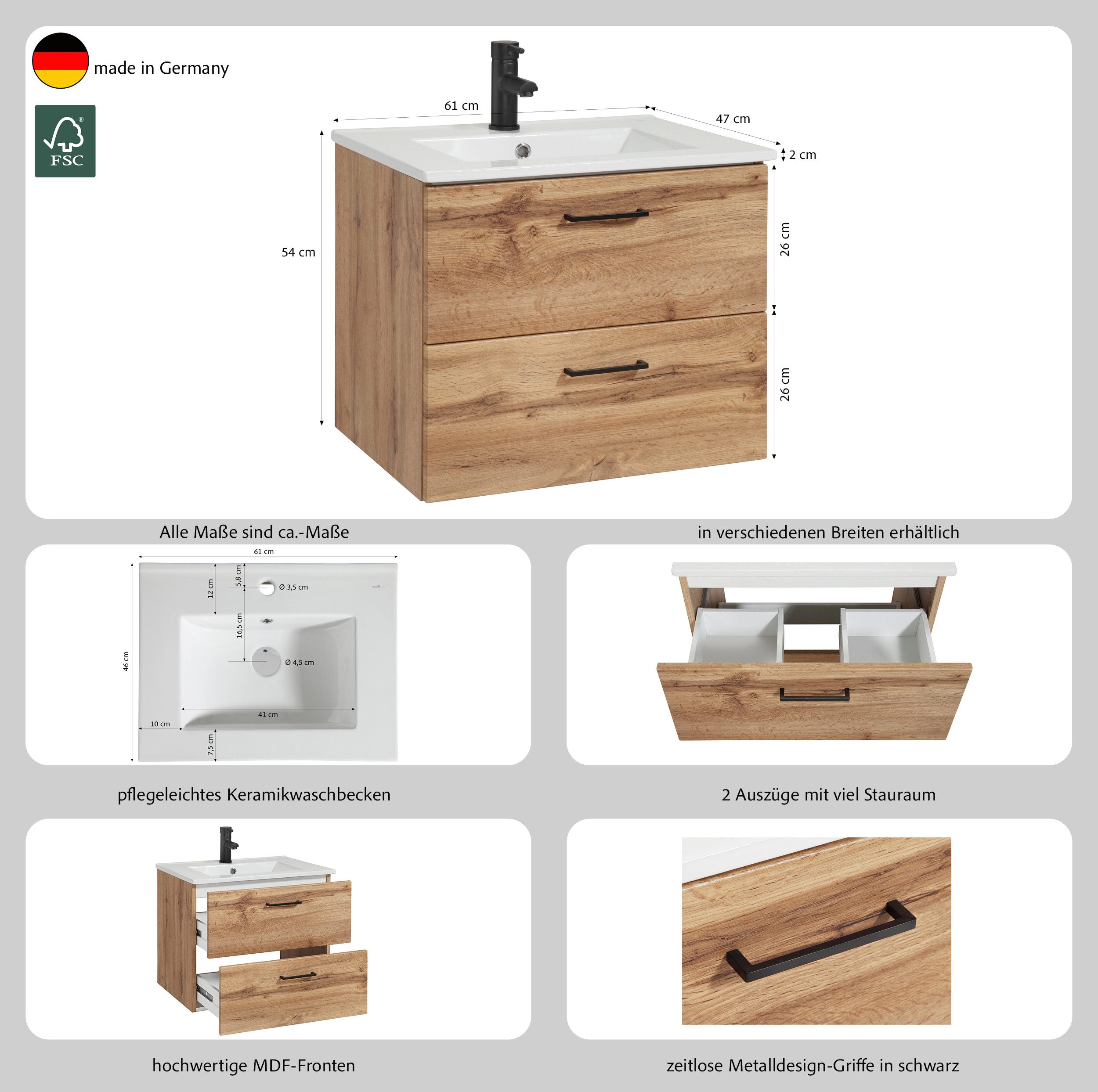 welltime Waschtisch Trento in verschiedenen Ausführungen inkl. Waschbecken, Badmöbel in Breite 60 cm, Badschrank Waschplatz mit 2 Schubladen