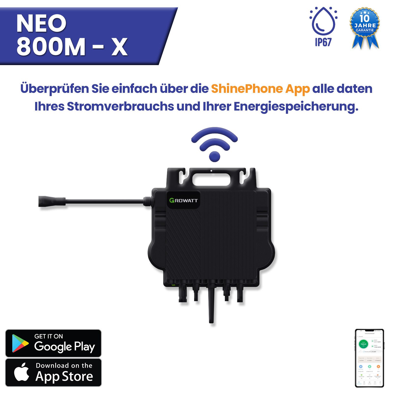 TerraLumen WLAN-Dongle Growatt NEO Wechselrichter 800M-X, PV WIFI Wechselrichter für Balkonkraftwerk