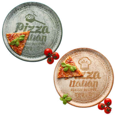 MamboCat Pizzateller 2x Pizzateller creme & grün Ø33cm 2 Personen XL-Teller Dekor Platte