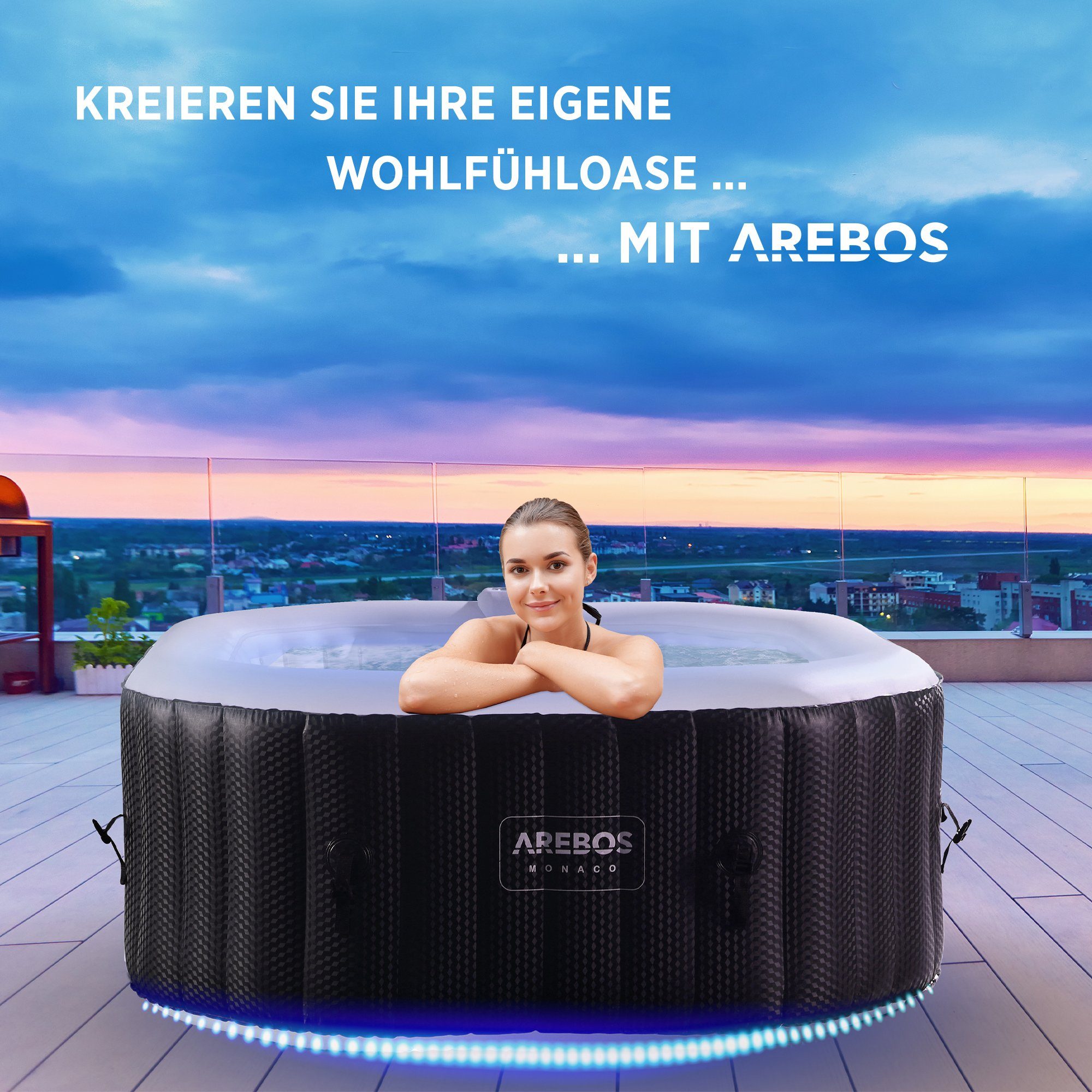 Arebos Whirlpool mit LED Beleuchtung, Aufblasbar, In- & Outdoor, 154x154  cm, (Set, Set)