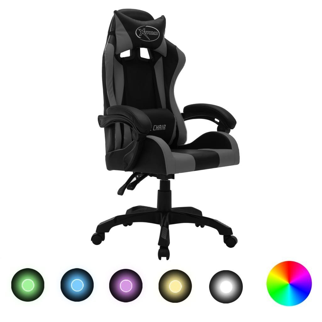 kolossal vidaXL Bürostuhl Gaming-Stuhl und schwarz schwarz Schwarz Grau Grau Grau und und RGB (1 | Kunstleder LED-Leuchten mit St)