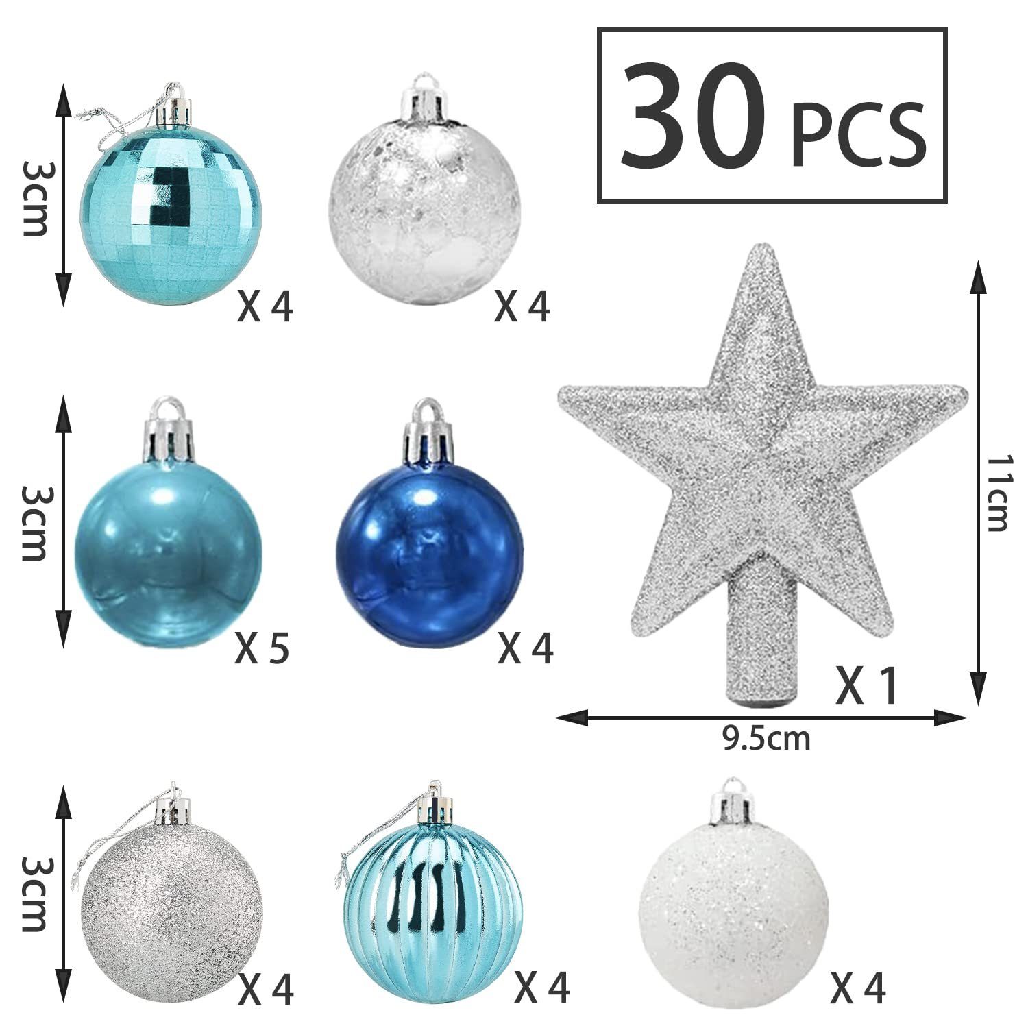 Coonoor Weihnachtsbaumkugel 3cm Weihnachtskugel, Set blau Christbaumschmuck 30er