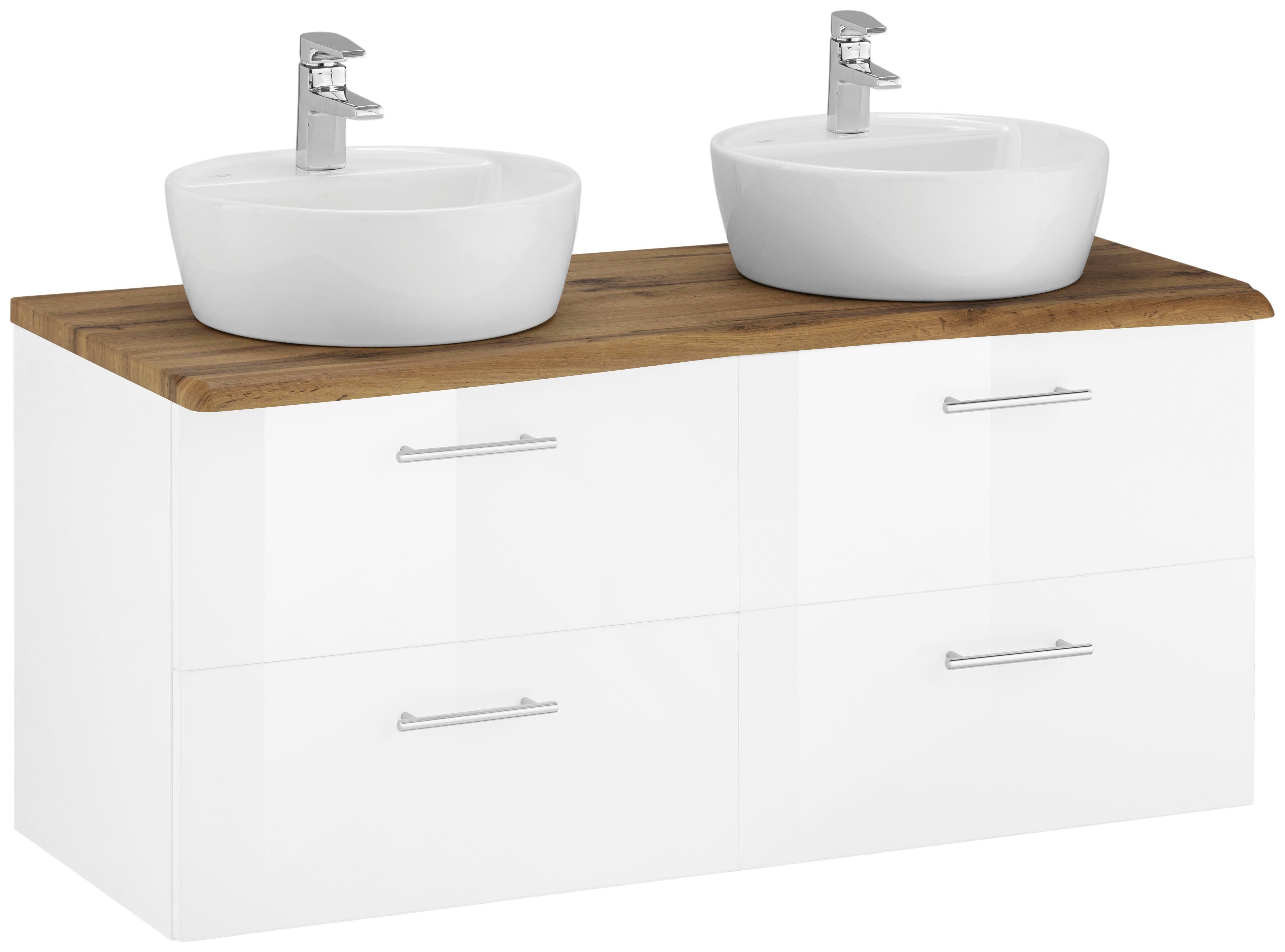 welltime Doppelwaschtisch Trento, Waschplatz, Waschtisch, 120 cm breit, viel Stauraum, 2 runde Keramik-Aufsatzbecken