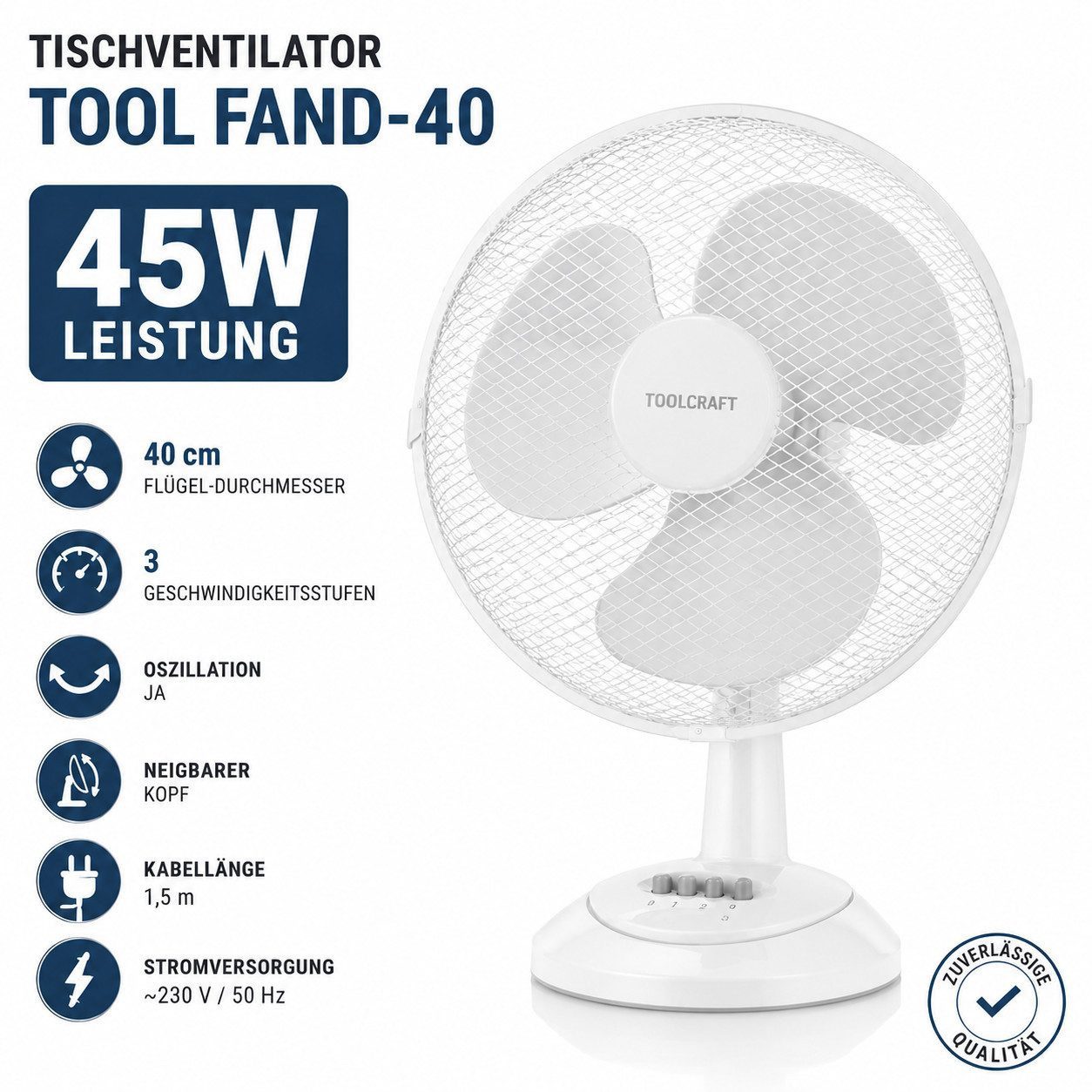 Ertex Turmventilator Standventilator Ventilator 40 cm/45W Tischventilator Weiß