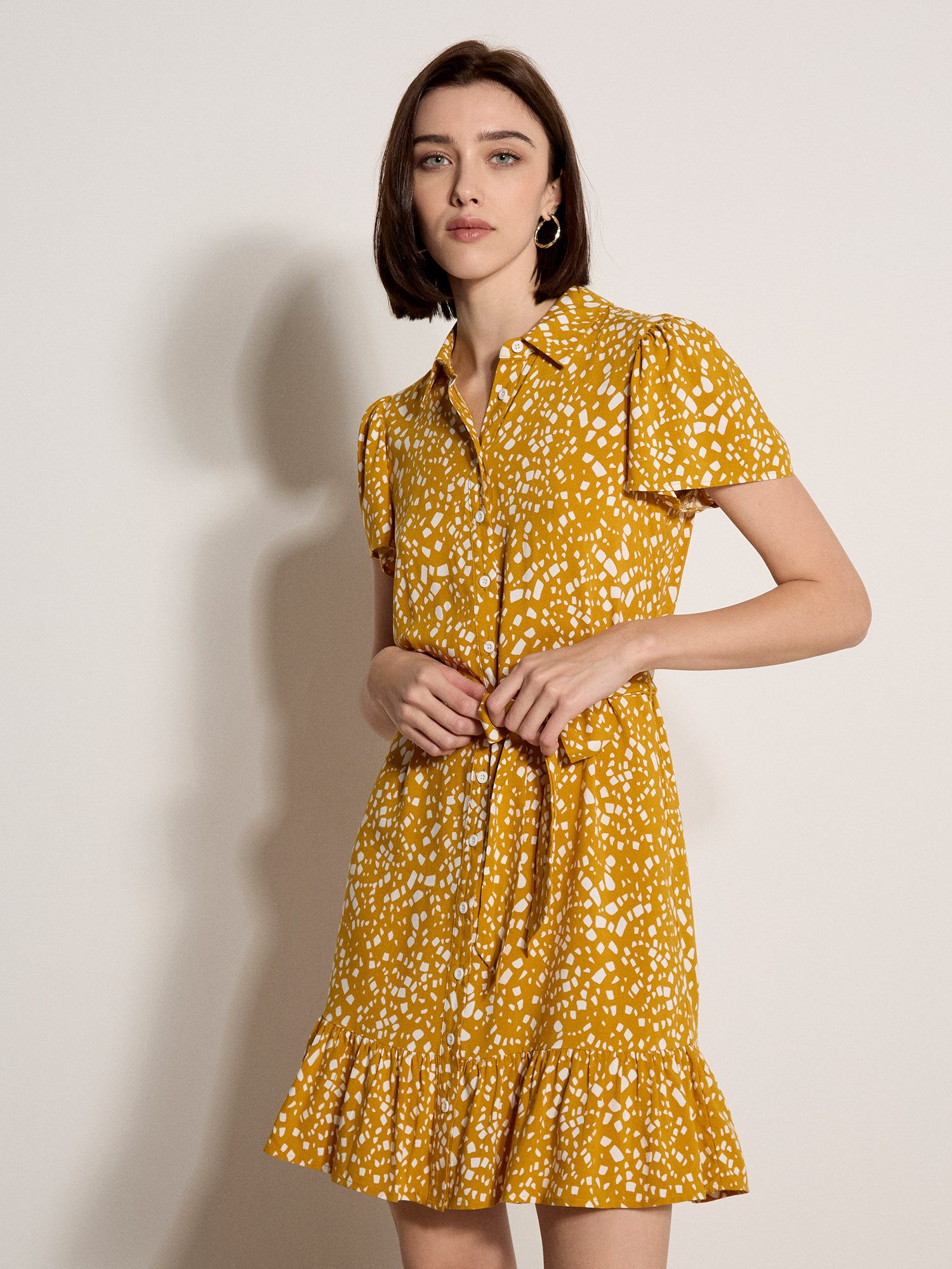 Apricot Druckkleid Minikleid mit verstreuten Quadraten