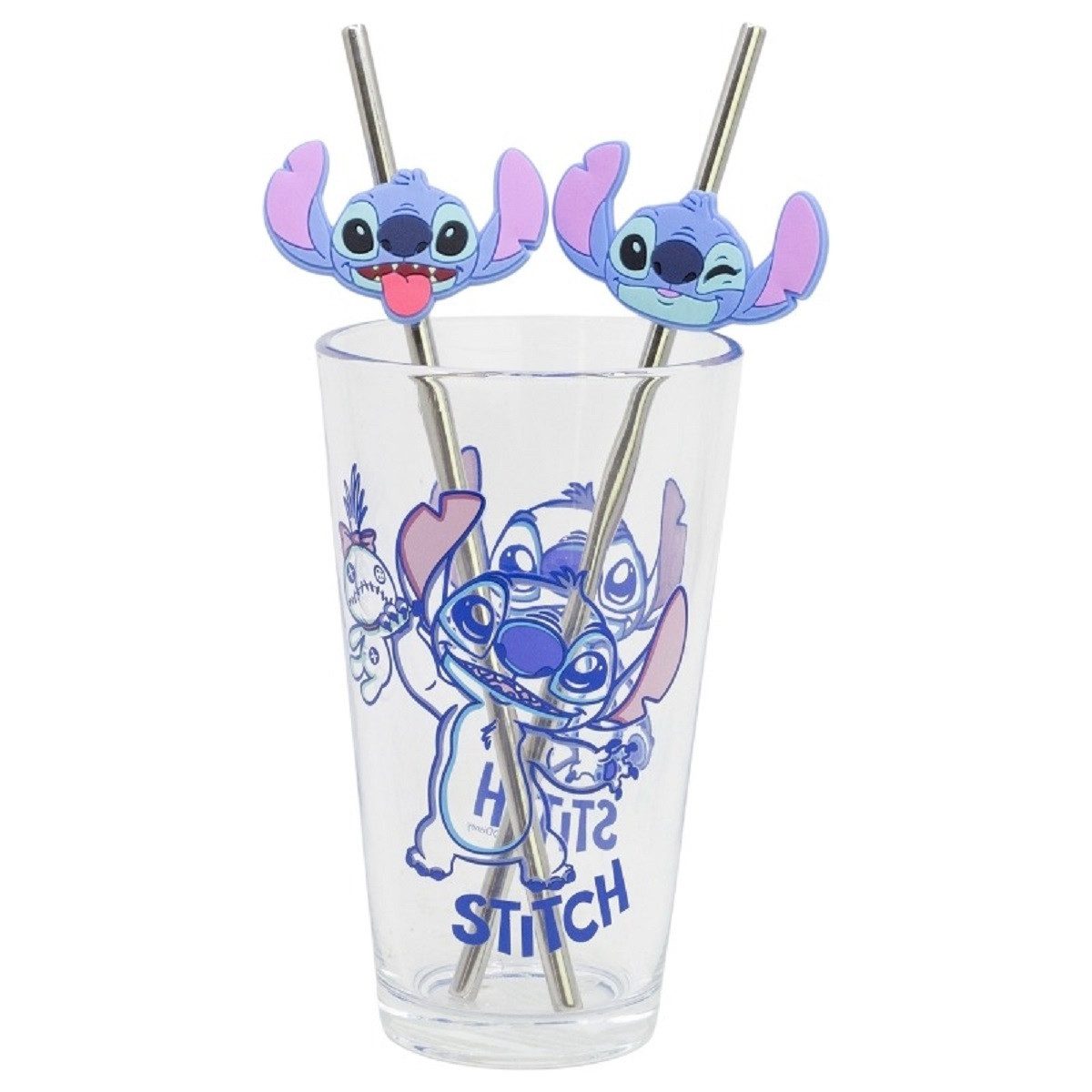 Lilo & Stitch Glas 480 ml mit 2 Edelstahl Trinkhalmen, 3-tlg., Glas