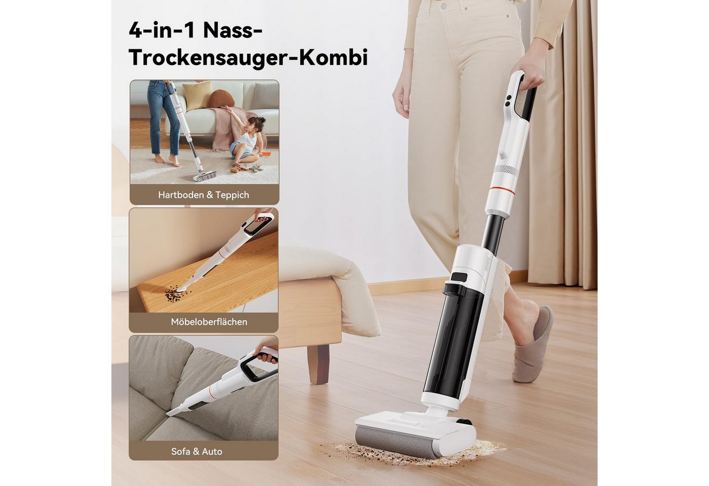 JONR Nass-Trocken-Akkusauger ED20 PRO 4-in-1 Nass Trocken Komplett-Staubsauger, 17000 Pa, Selbstreinigung und automatische Trocknung mit einem klick,Intelligente Spracherinnerung, 180° Flachlegen-Funktion