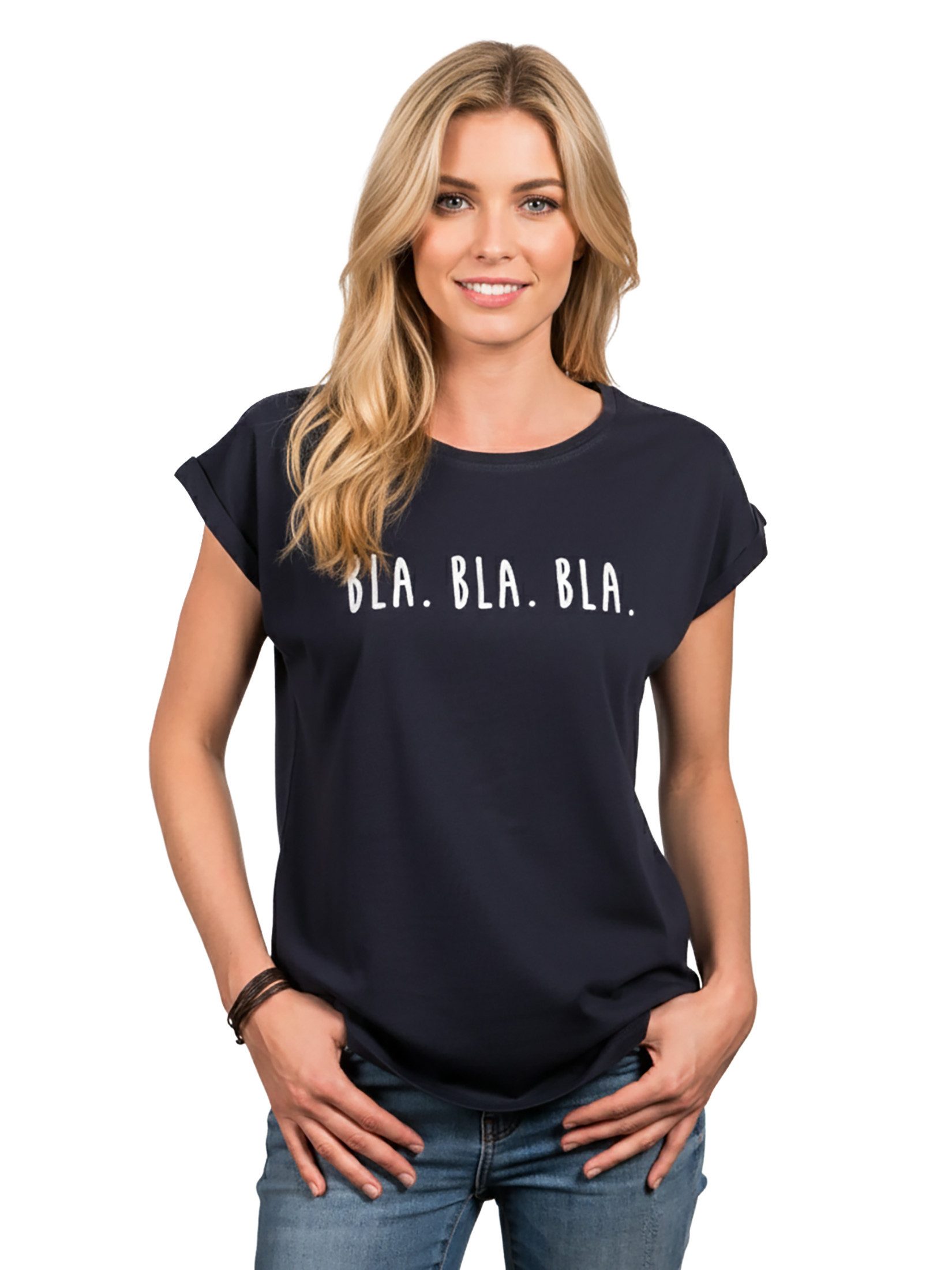 MAKAYA Print-Shirt Damen Kurzarm Basic Sommer Oberteile Sexy Elegant Lustig Spruch Bla (Schriftzug, Schwarz, Blau, Grau) Baumwolle