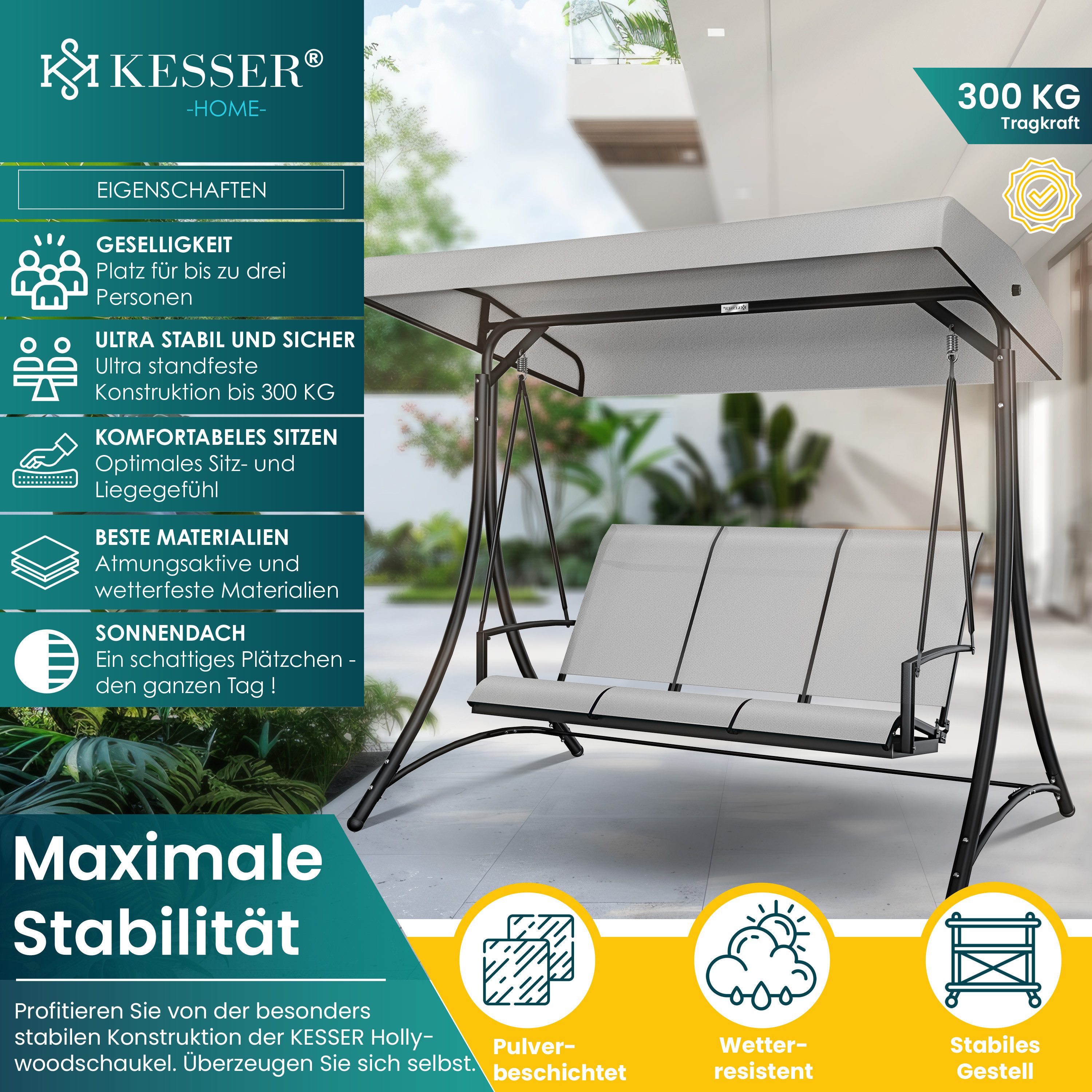 KESSER Hollywoodschaukel, mit Sonnendach 3-Sitzer Gartenschaukel günstig online kaufen