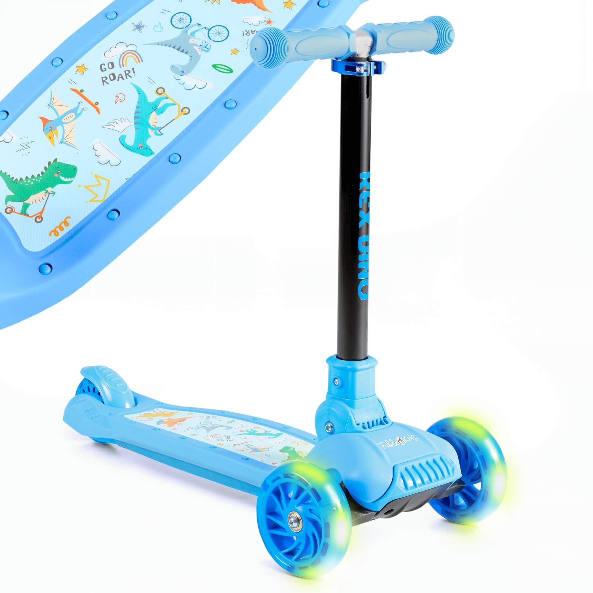 FableKids Tretroller Cityroller Kickroller, LED-Räder, Tritt-Bremse, bis 50 kg belastbar,  faltbar  höhenverstellbar Rücktrittbremse