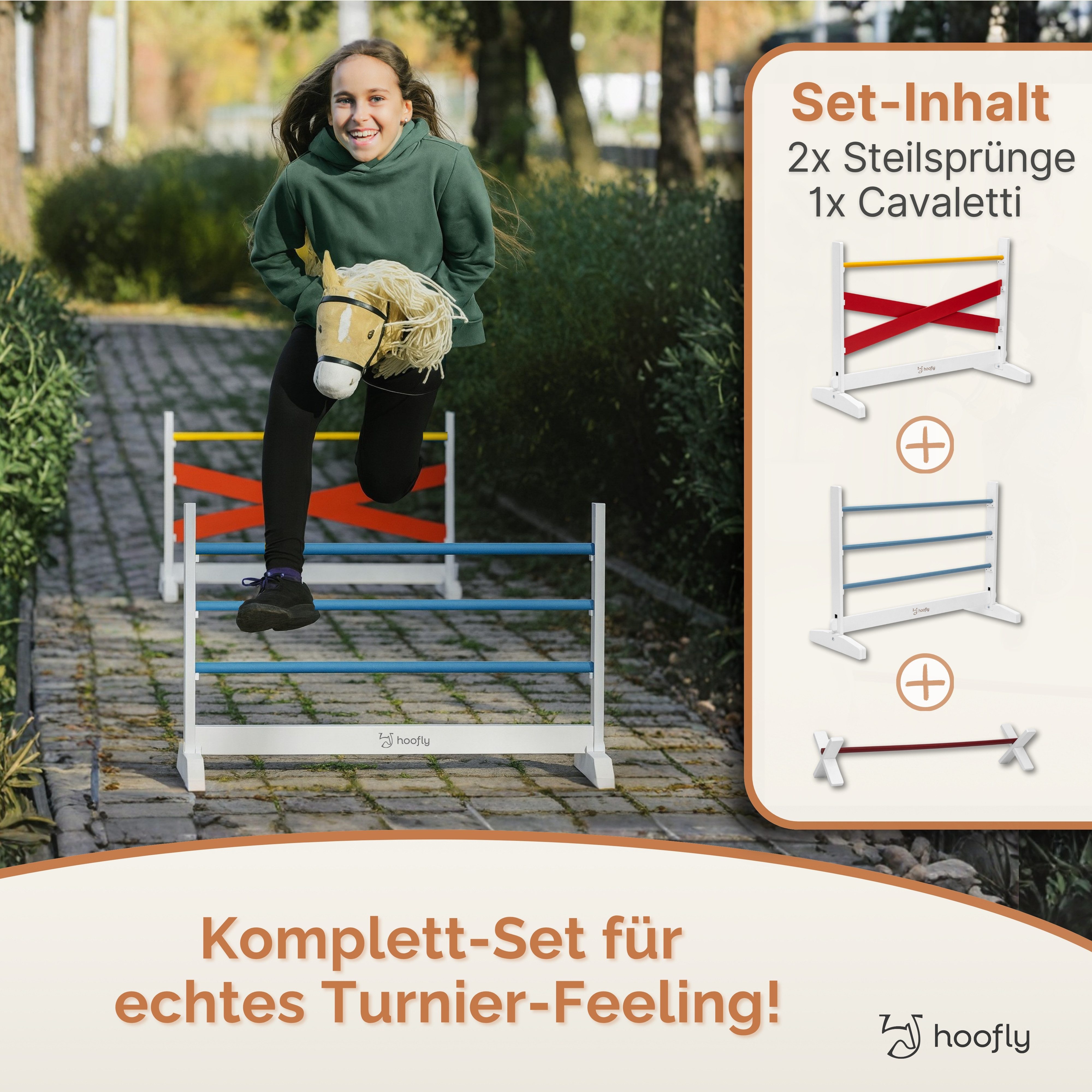 Hoofly Hürde Hobby Horse Hindernis-Set aus Holz (2 Steilsprünge, 1 Cavaletti, Hobby Horse Hindernisse), 3 Hindernisse (2 Steilsprünge, 1 Cavaletti) für Kinder