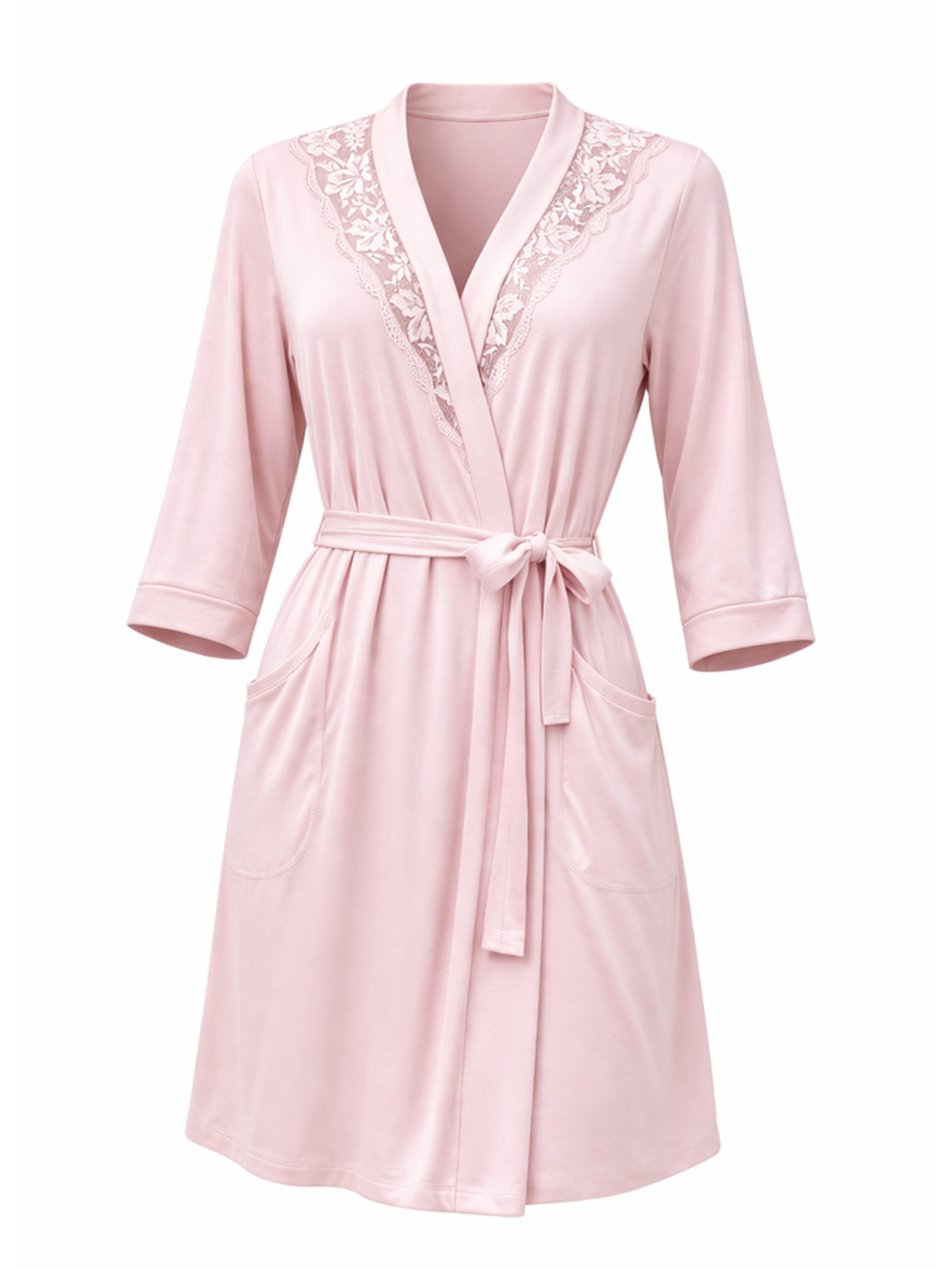 Donna Morgenmantel Kimono mit 3/4 Arm, Viskose-Elasthan, Schalkragen, Bindegürtel, mit Spitzenapplikation, edle Viskose-Qualität