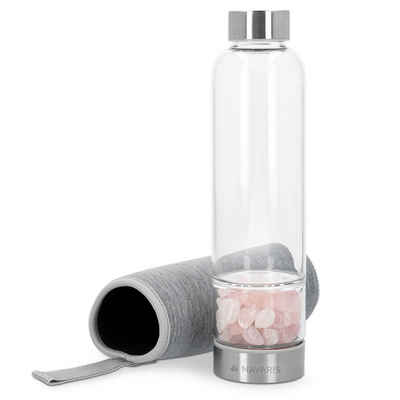 Navaris Trinkflasche, Wasserflasche mit Rosenquarz und Neoprenhülle 420ml - Edelsteine Trinkflasche mit Hülle - Kristall Flasche Glasflasche Wasser Heilsteine