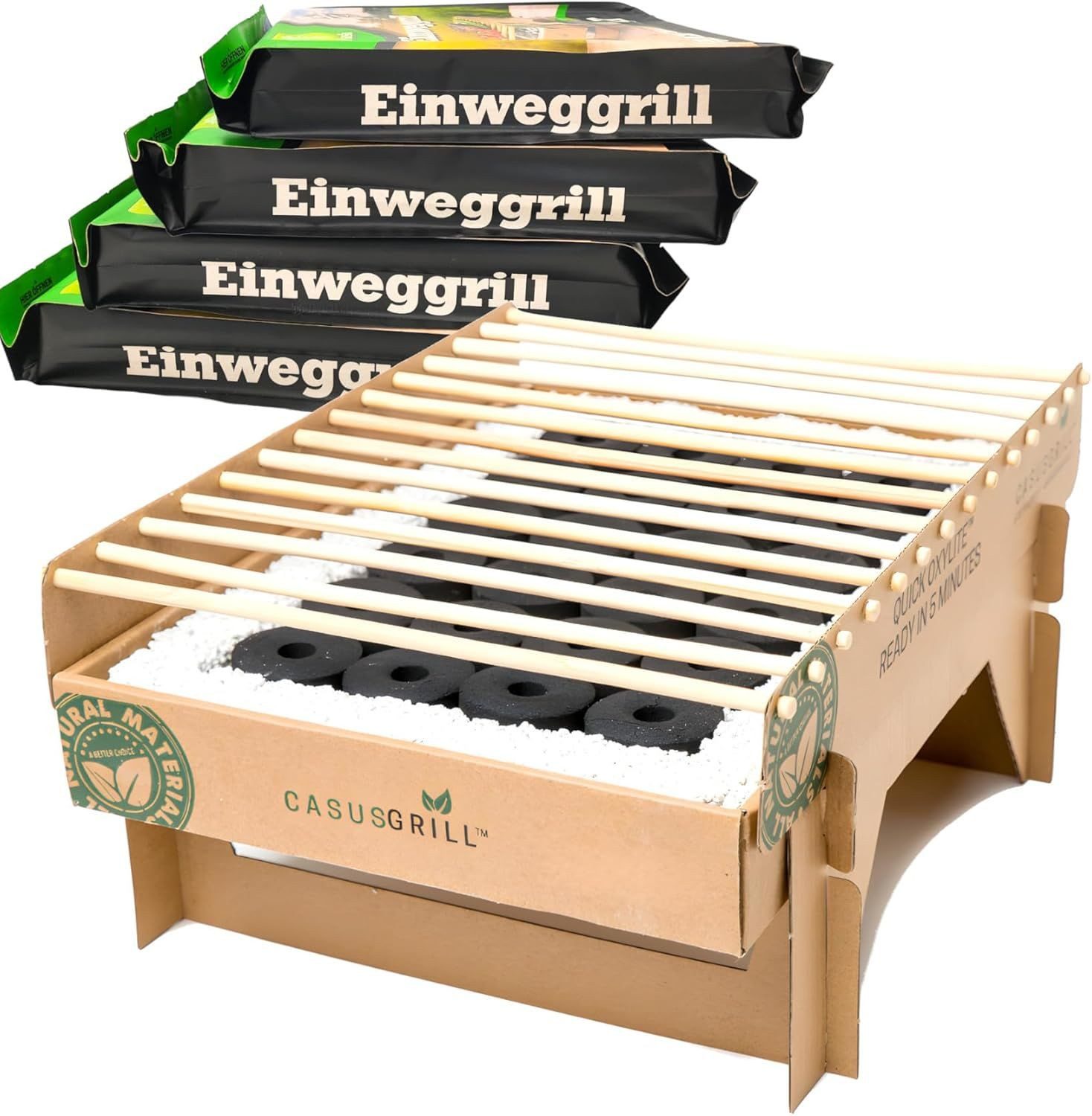 BURI Holzkohlegrill 5x Öko Einweggrill Einmalgrill Einmal Grill rauchfrei nachhaltig