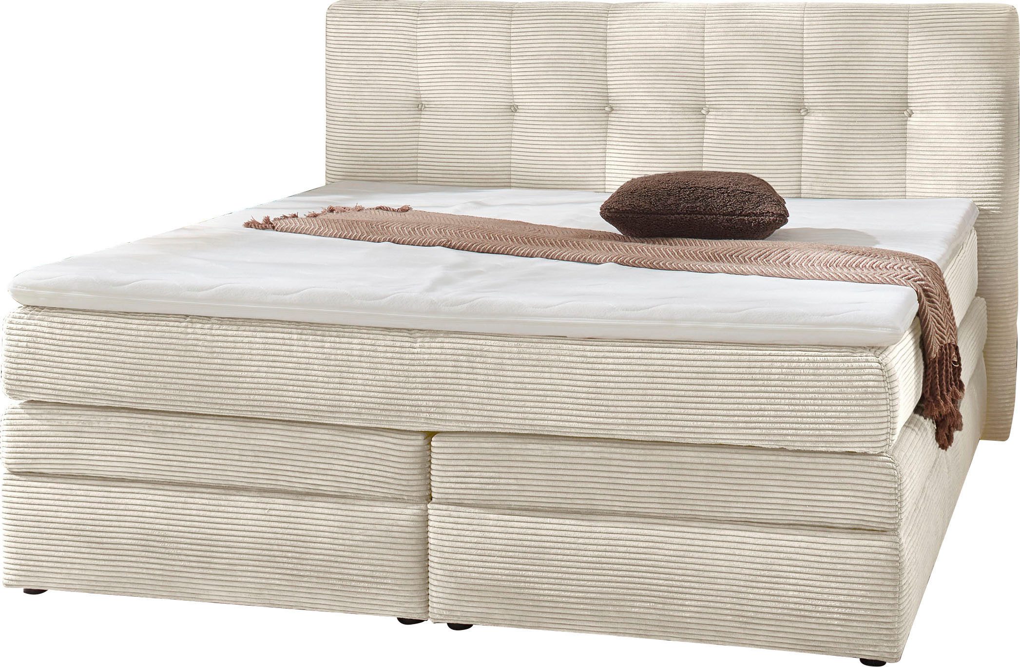 Jockenhöfer Gruppe Boxspringbett AMY in Cord, erhältlich in den Breiten 180cm & 200cm, mit Bettkasten & Kaltschaum-Topper
