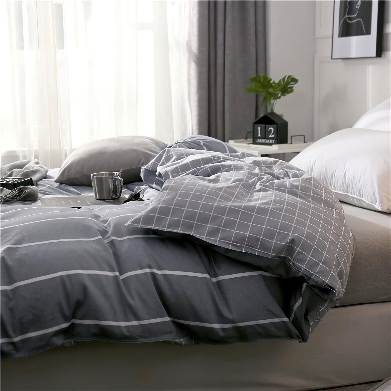 KEAYOO Bettwäsche STR, Baumwolle, 2 teilig, Baumwolle Grau Gestreift mit Re günstig online kaufen