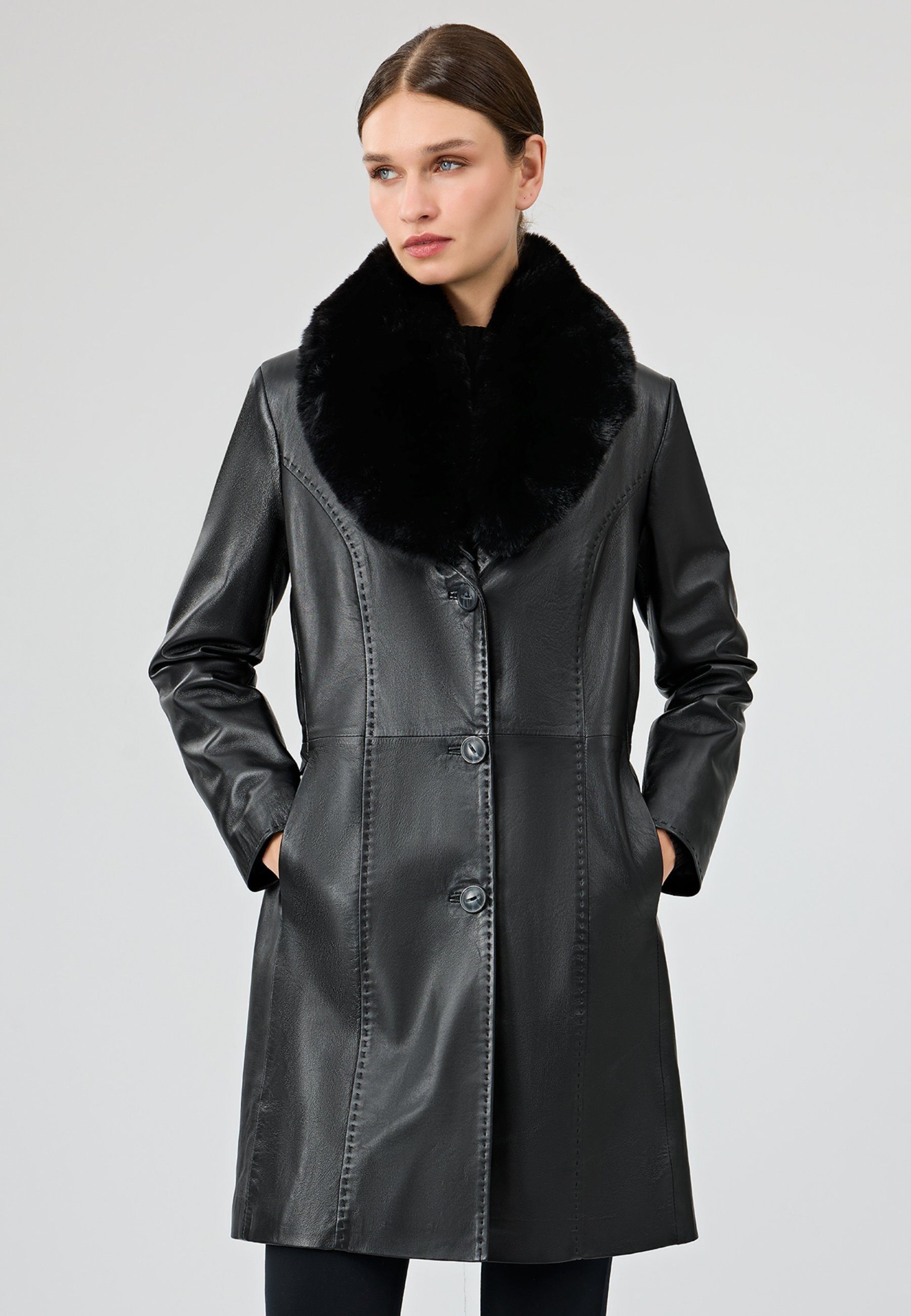 Derimod Lederjacke Christina Langer Leder-Mantel mit Kunstfell günstig online kaufen