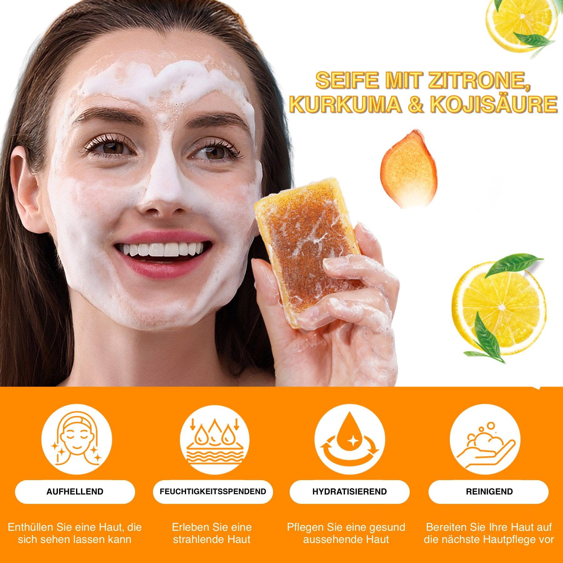 P-Beauty Cosmetic Accessories Gesichtsseife Kurkuma Kojisäure-Seife Zitronen Gesichtsseife Hautaufhellend, 1-tlg., Hautpflege, Gesichtspflege
