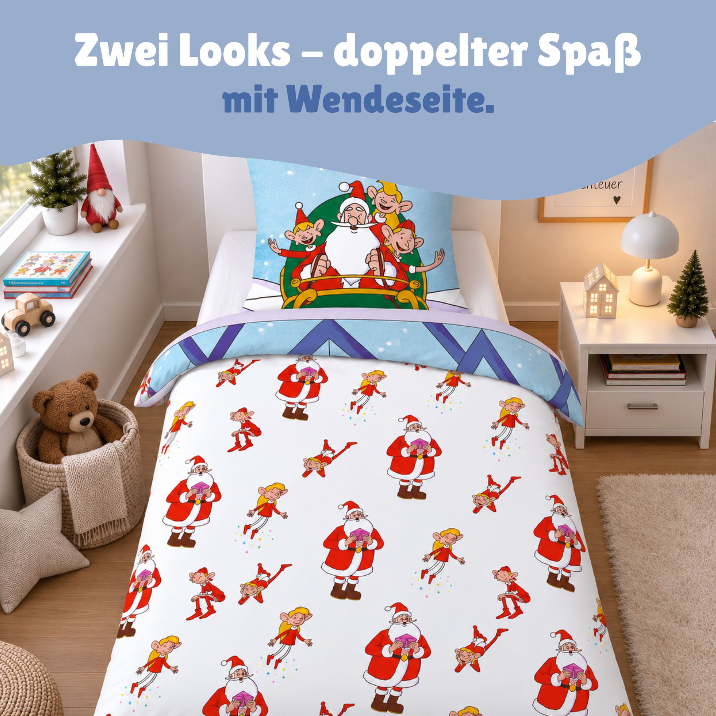 Familando Kinderbettwäsche Weihnachtsmann & Co.KG WUCK 135x200 80x80 cm 100% Baumwolle, Renforcé, 2 teilig, Bettwäsche mit liebevollem Motiv für Mädchen und Jun – Bild 5 von 5