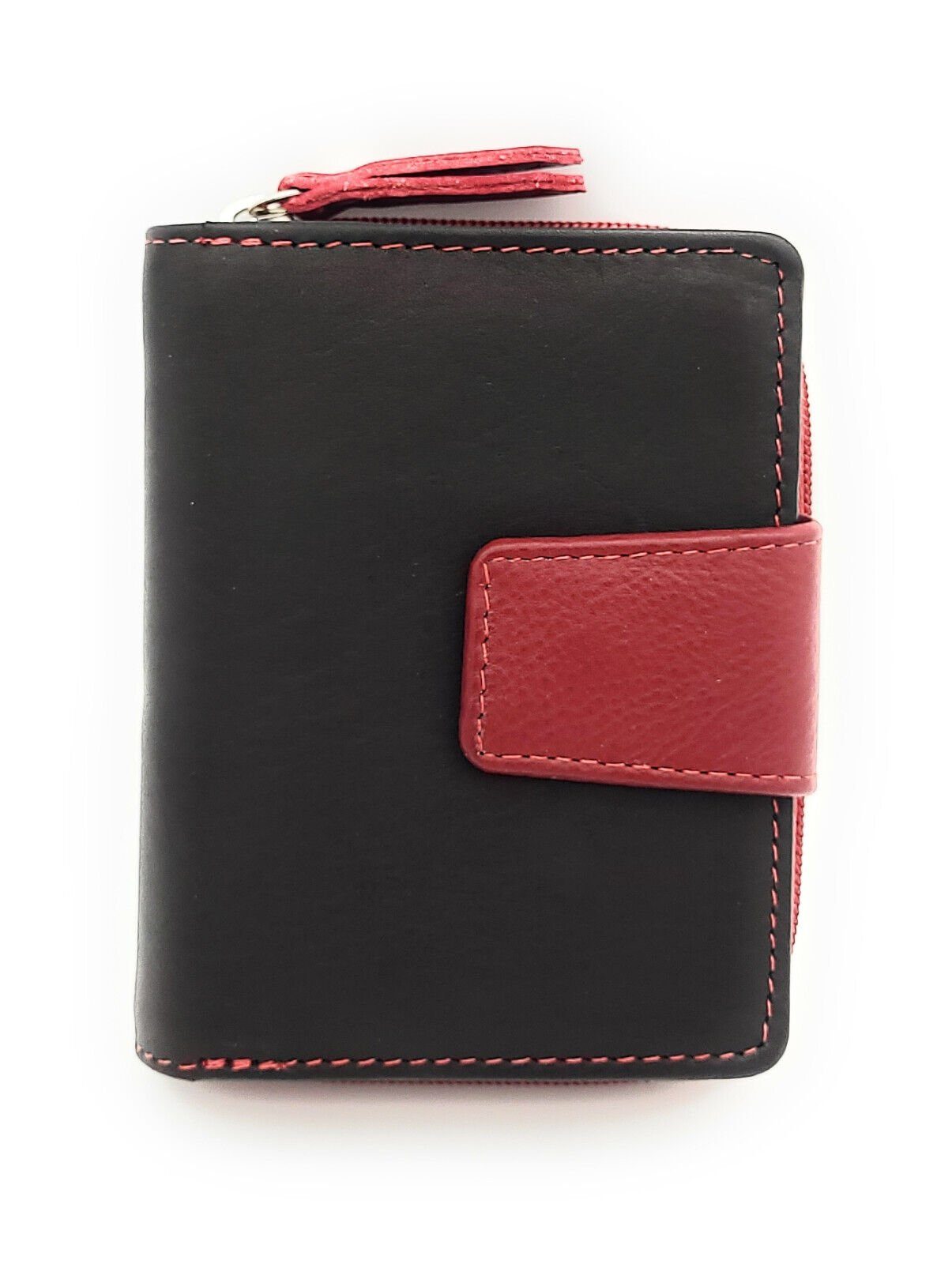 JOCKEY CLUB Mini Geldbörse kleines echt Leder Portemonnaie mit RFID Schutz, Reißverschlussmünzfach, schwarz rot