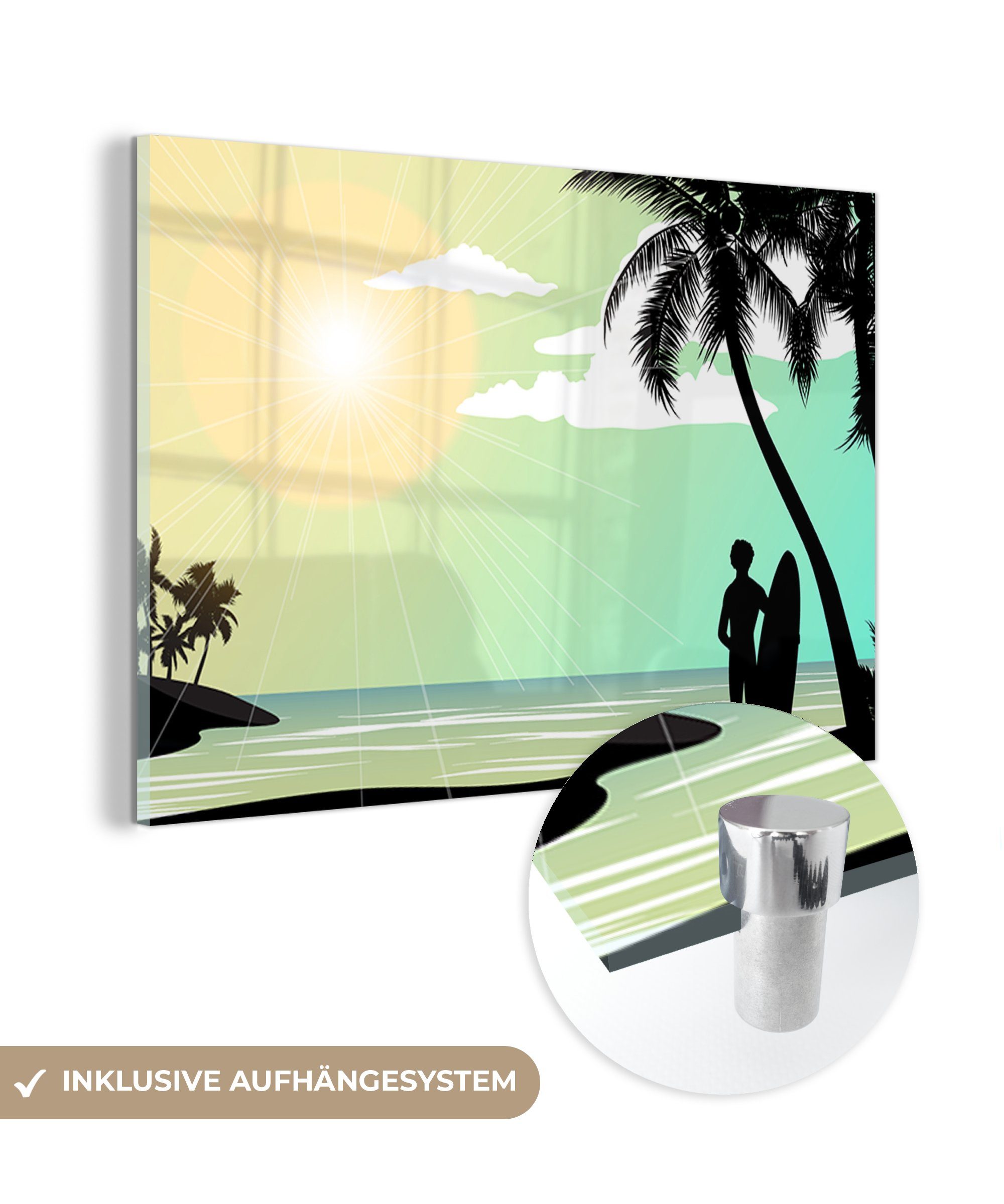 MuchoWow Acrylglasbild Meer - & Sonne - (1 Surfen Wohnzimmer Acrylglasbilder - Palme, St), Schlafzimmer