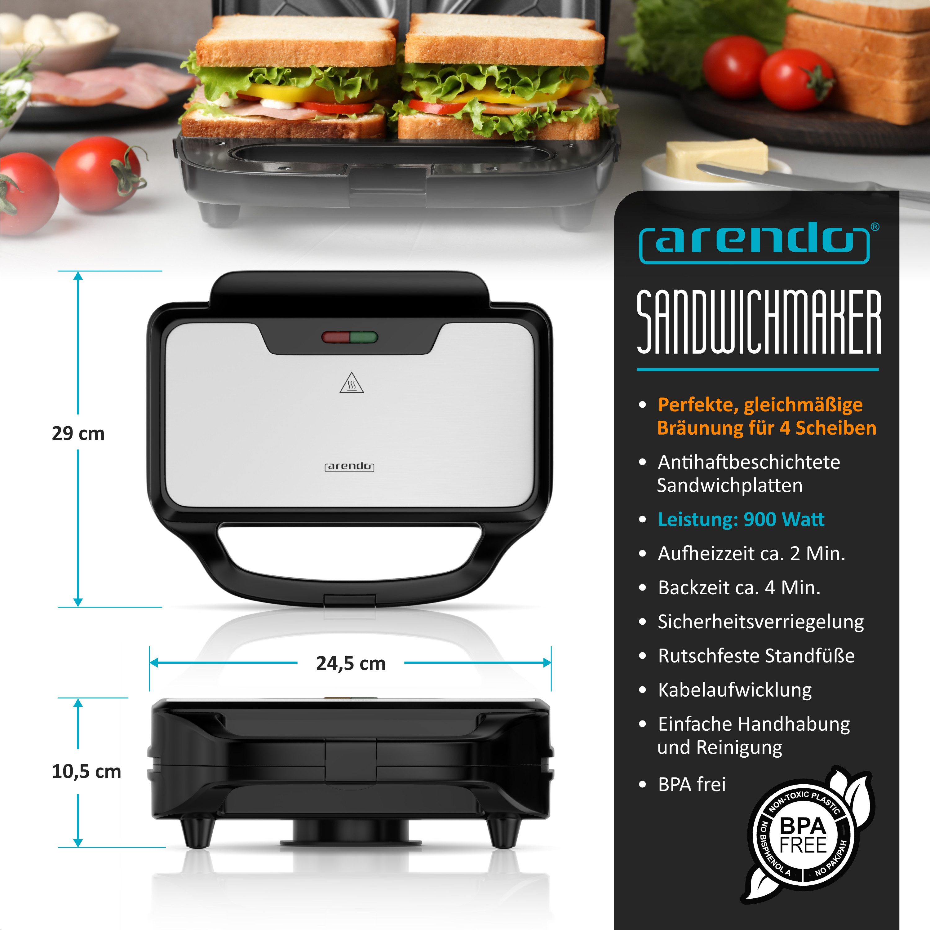 Arendo 3-in-1-Sandwichmaker Sandwichtoaster, 900 W, Antihaftbeschichtet, Schnellaufheizung, 900 W, automatische Temperaturregelung, 900 W, Edelstahl-Applikation