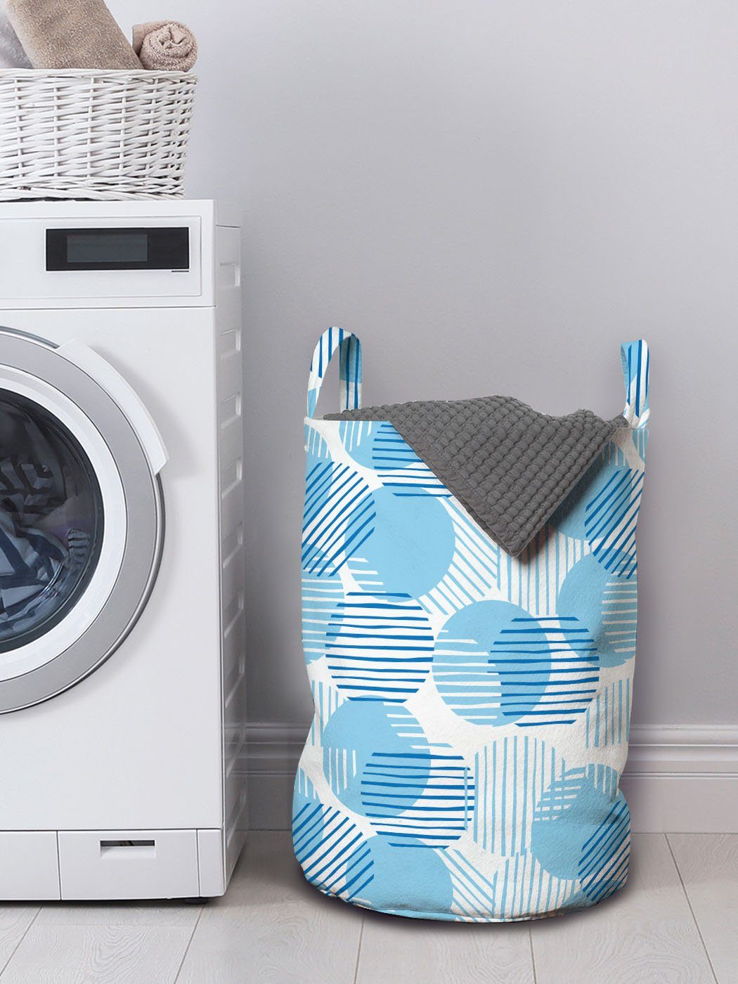 Grafik mit Wäschekorb Abstrakt Retro Griffen für Kordelzugverschluss Waschsalons, Wäschesäckchen Geometric Abakuhaus