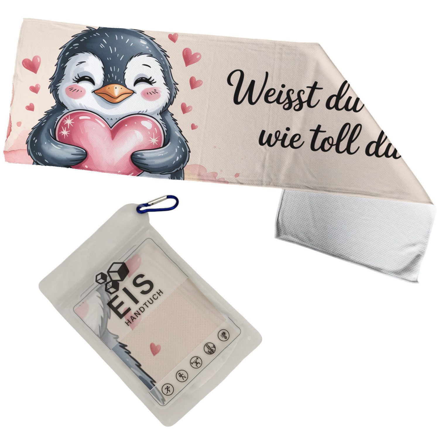 Sporthandtuch Du bist toll Pinguin mit Herz Eishandtuch - Niedliches Motiv