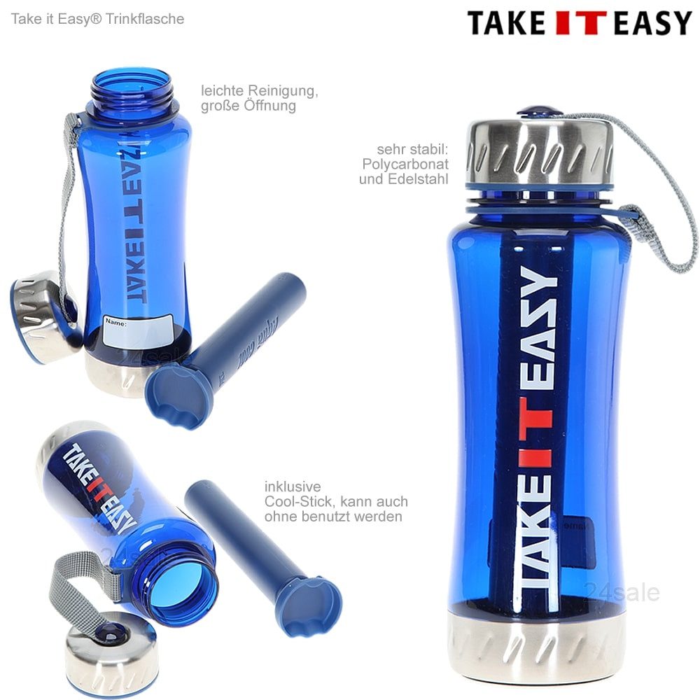 TAKE IT EASY® Trinkflasche 2 Stück Flaschen Set für Schule Sport Freizeit 0,7 Liter, Polycarbonat bruchsicher Edelstahl Deckel große Öffnung