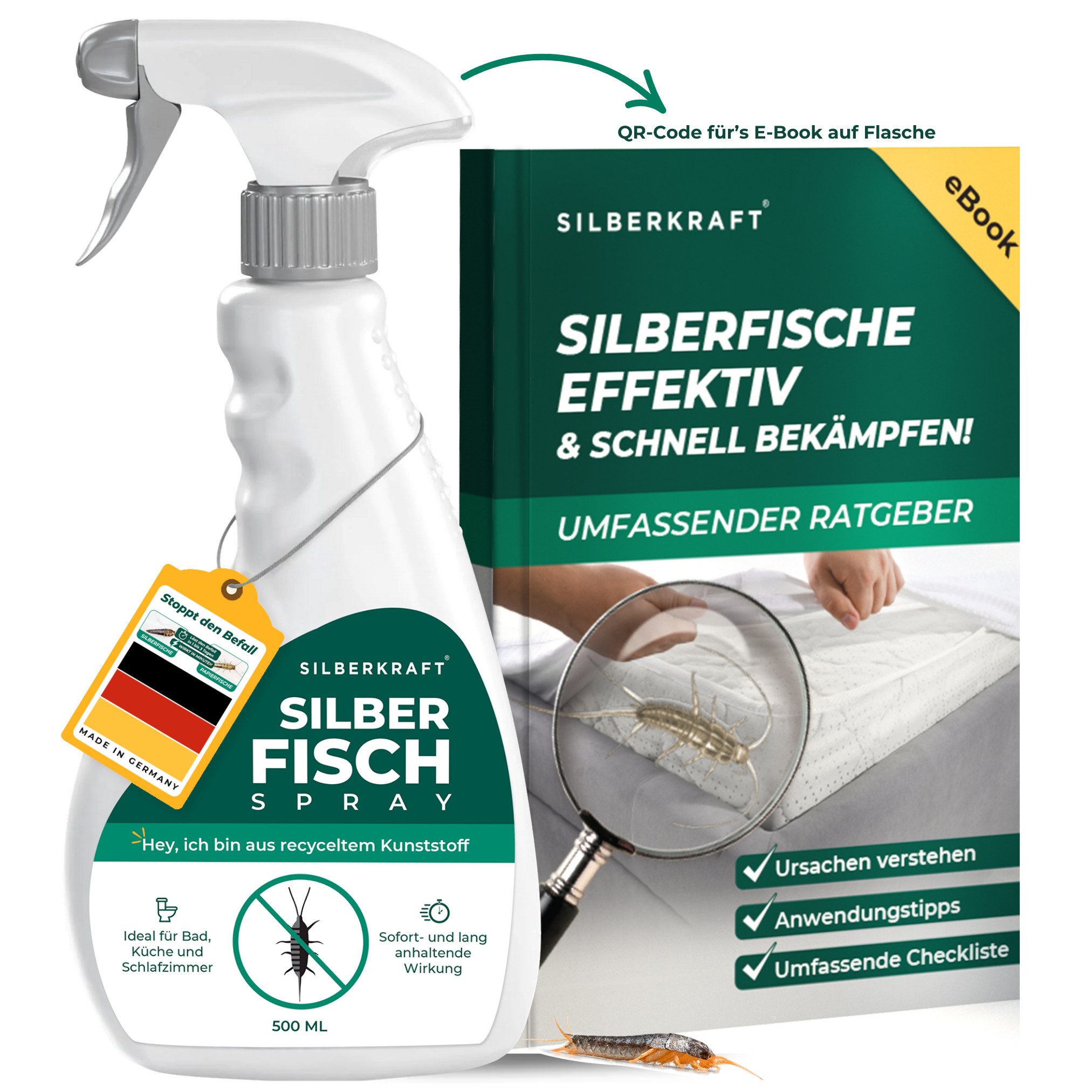 Silberkraft Insektenspray Silberfischspray inkl. E-Book, Sofort- und Langzeitwirkung, 500 ml, gezielte Anwendung in Ritzen & Laufwegen, Made in Germany