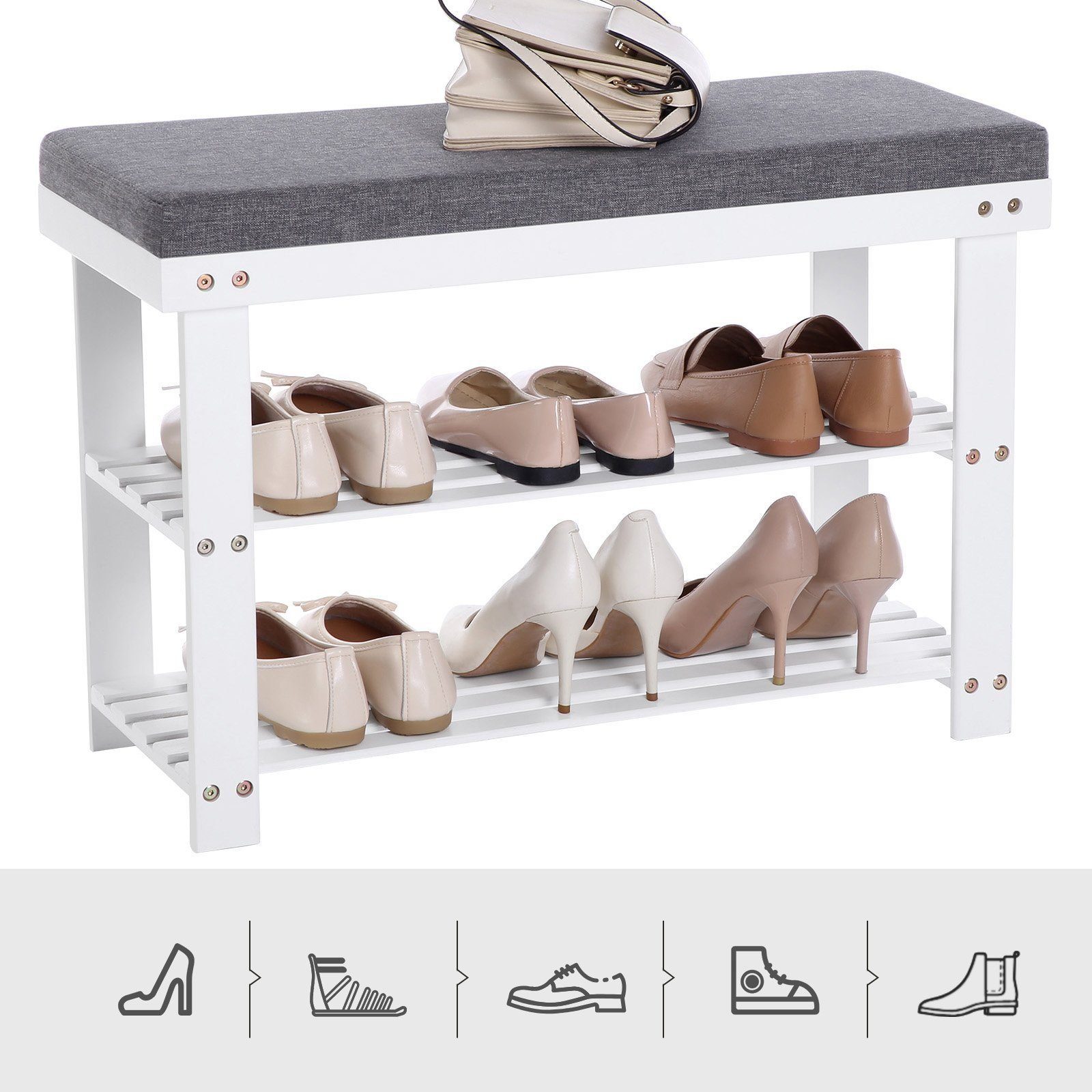 SONGMICS Schuhbank Schuhregal, aus Bambus, Sitzfläche bis 150 kg belastbar, 71 x 29 x 49 cm