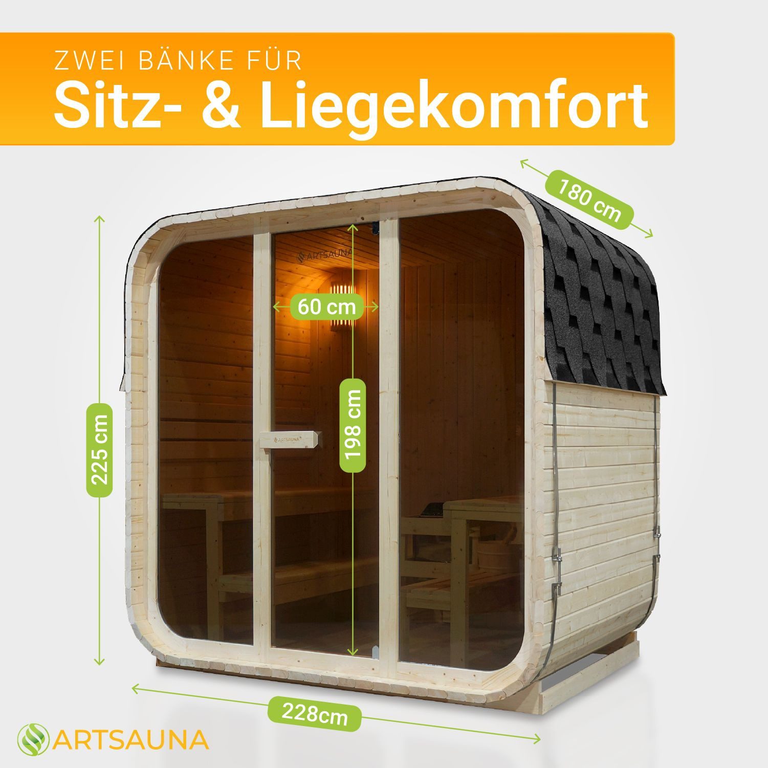 Artsauna Fasssauna Fjora, 38 mm, Fichte, 9 kW Ofen bis 100 °C, Glasfront, bis 6 Personen, Zubehör-Set