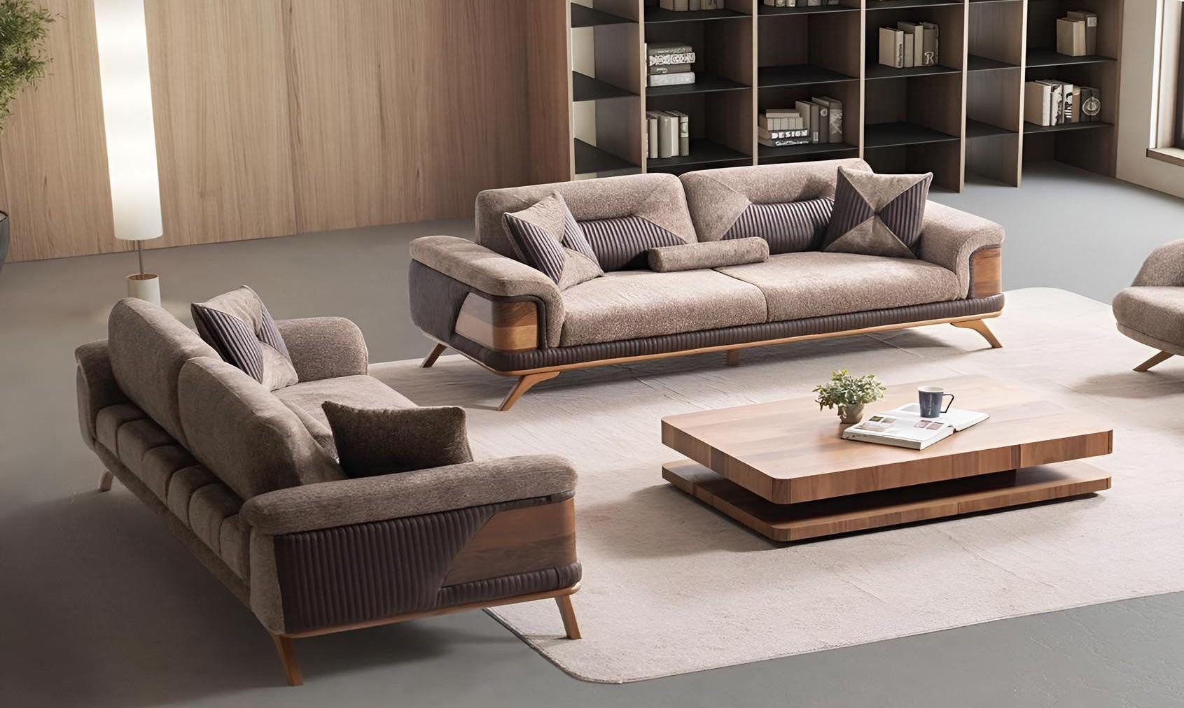 JVmoebel Polstergarnitur Braunes Designer Sofa-Set aus strapazierfähigem Stoff, (Set, 2-tlg), Made in Europa
