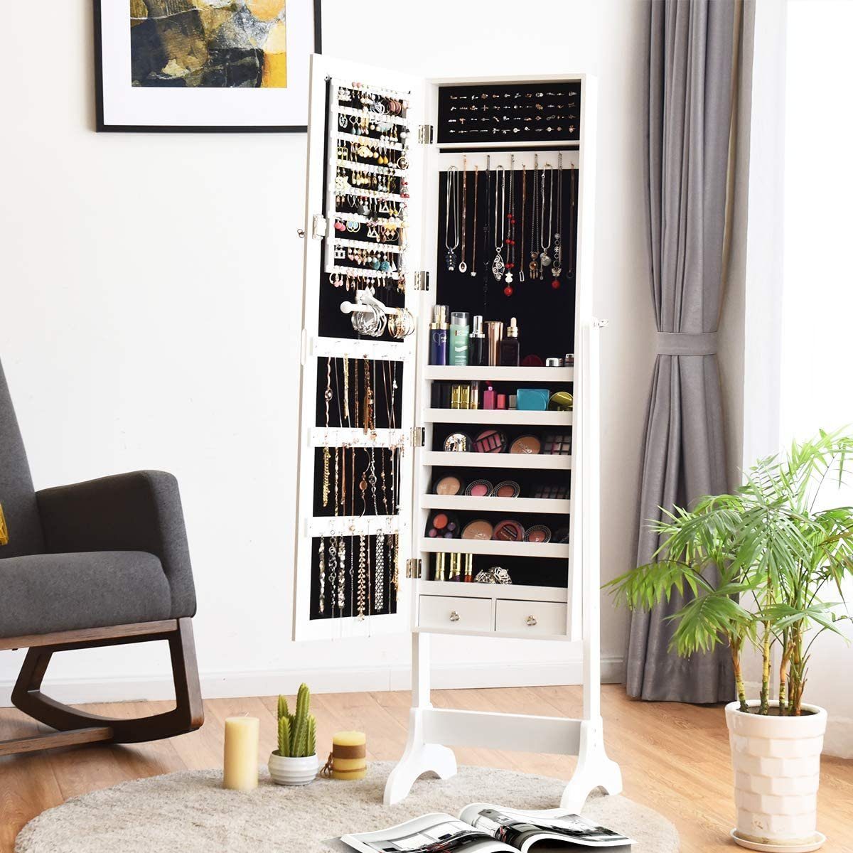 COSTWAY Schmuckschrank stehend, mit Spiegel&Schubladen, abschließbar