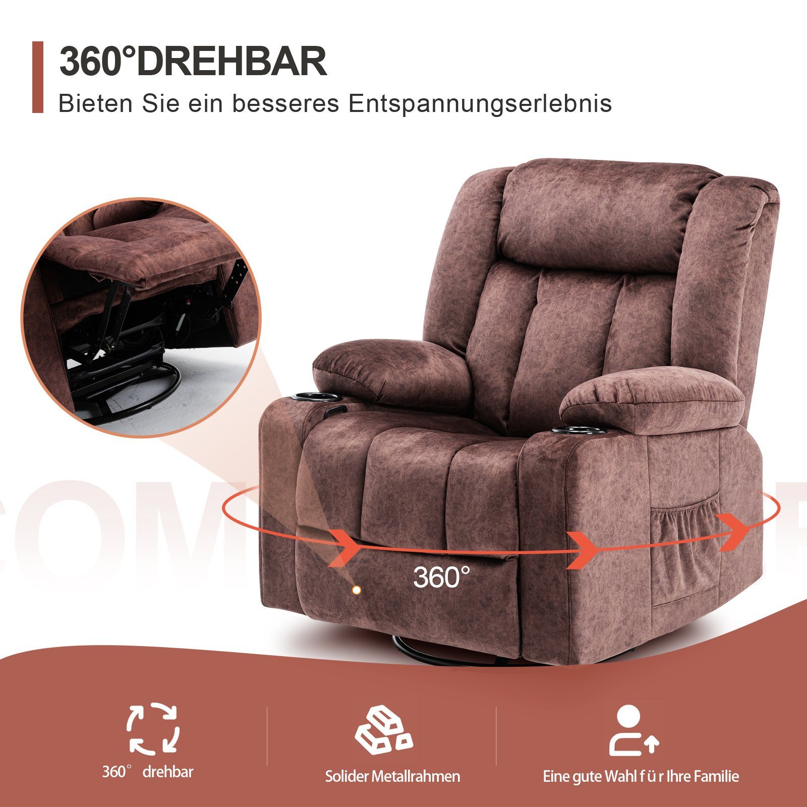 COMHOMA Relaxsessel TV-Sessel Fernsehsessel Ruhesessel mit Wippfunktion, 360° drehbar, Lounge Sessel für Wohnzimmer, Getränkehalter, Seitentaschen
