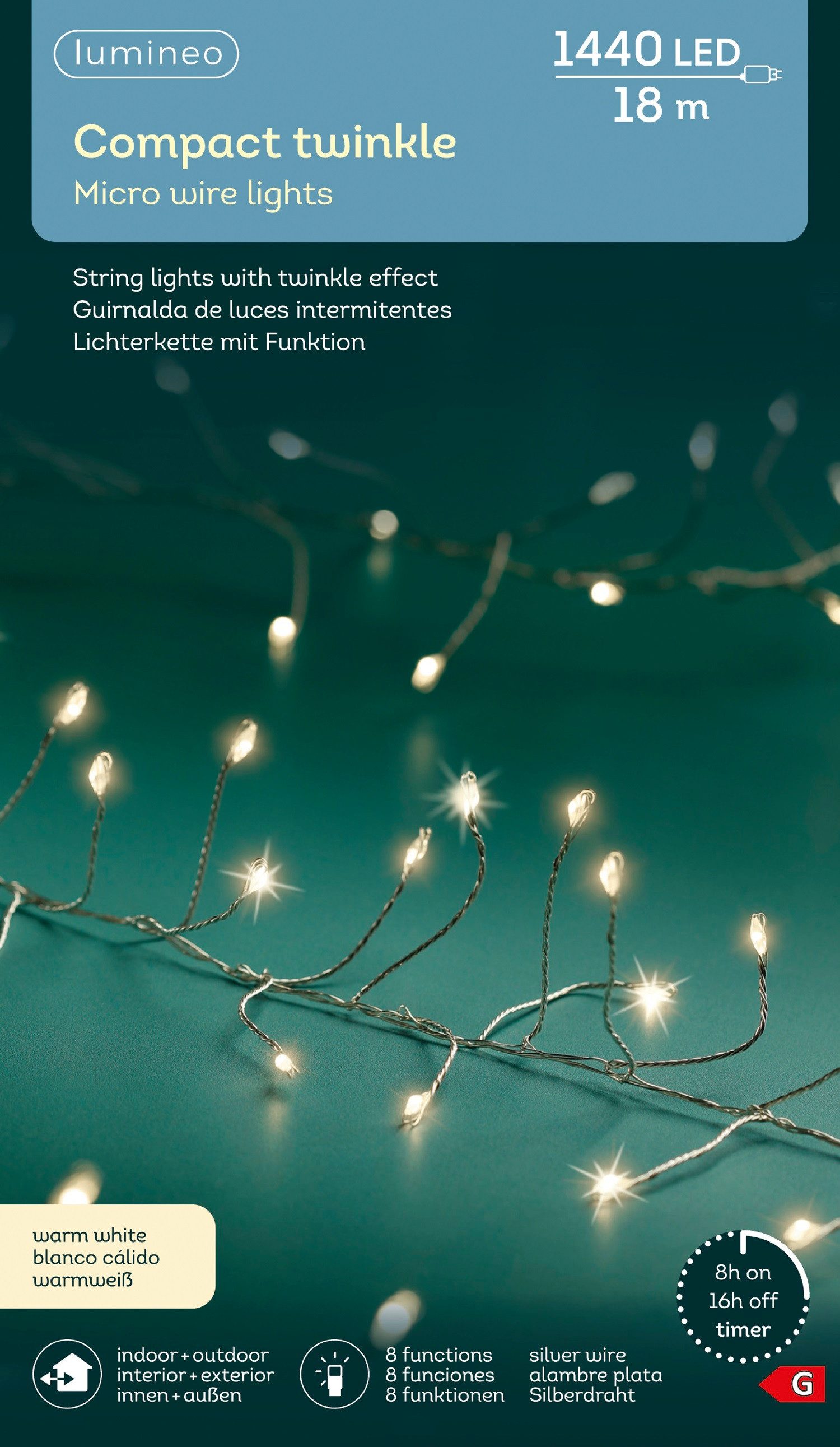 LED-Lichterkette Lumineo Micro-LED COMPACT TWINKLE 1440 LED 18 m warm weiß, Silberdraht