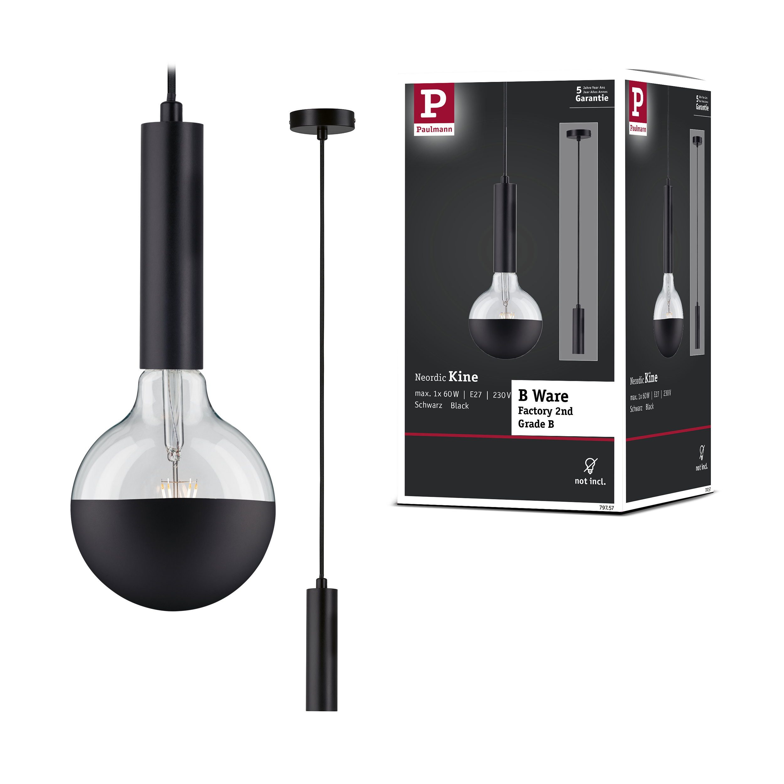 Paulmann Pendelleuchte Neordic Pendelleuchte B Ware Kine E27 max. 60W Schwarz dimmbar Metall