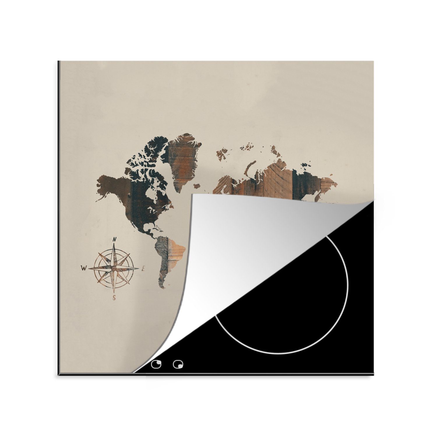 MuchoWow Herdblende-/Abdeckplatte Weltkarte - Holz - Kompass, Vinyl, (1 tlg), 78x78 cm, Ceranfeldabdeckung, Arbeitsplatte für küche