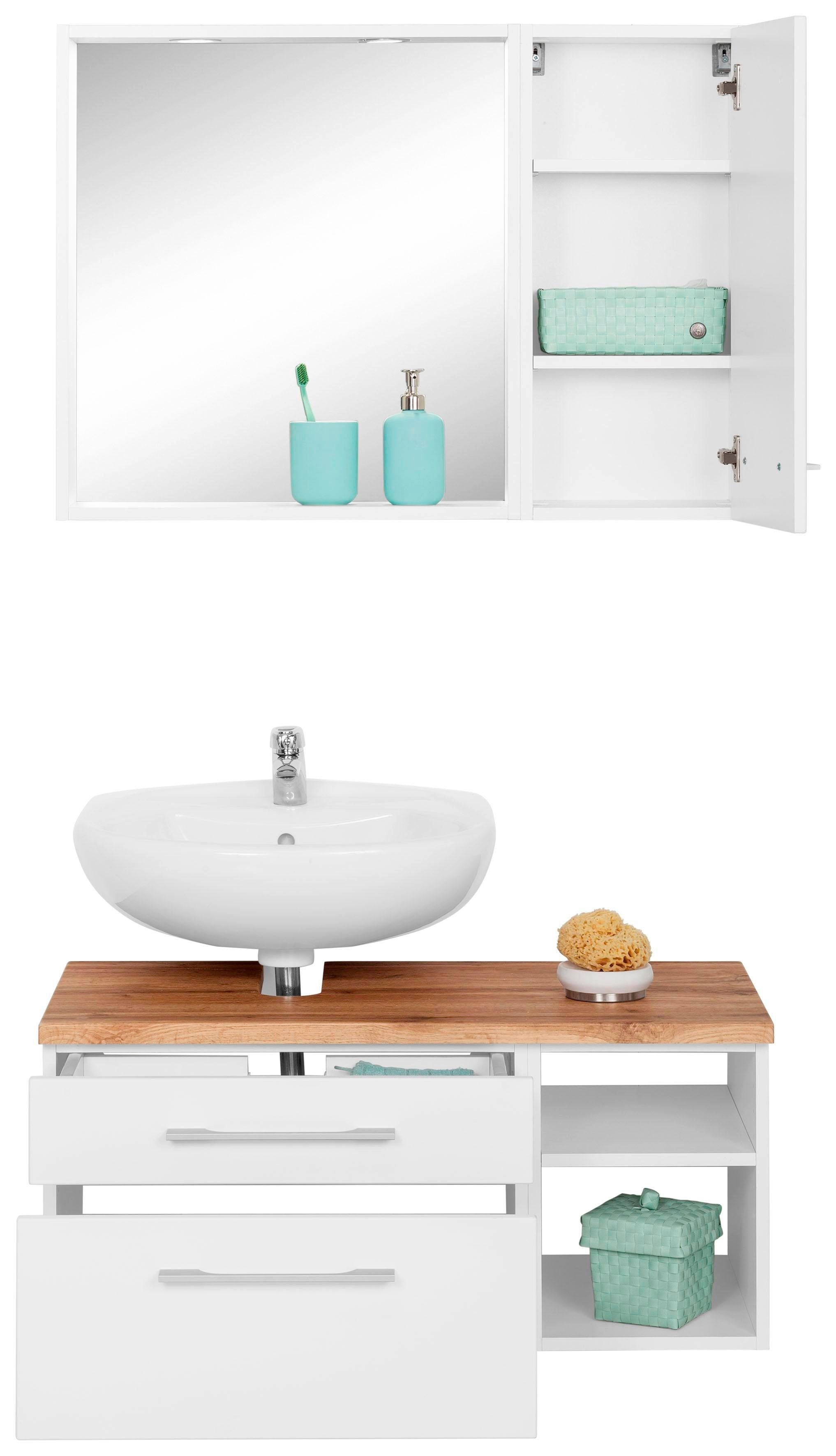 welltime Badmöbel-Set Davos, (3-St), inklusive Beleuchtung, Hängeschrank und Waschbeckenunterschrank