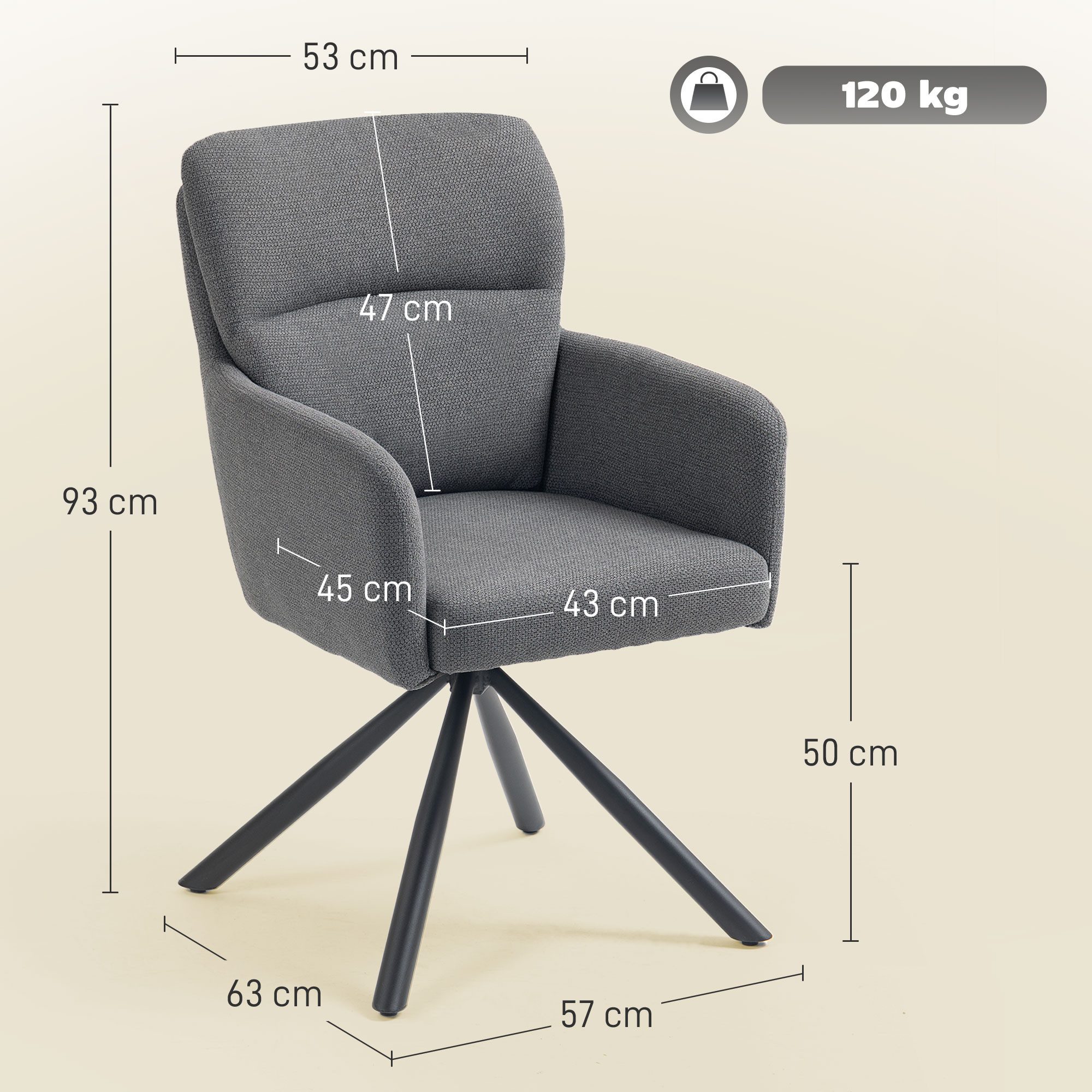 HOMCOM Esszimmerstuhl Ergonomisch Drehstuhl, mit Armlehne, Rückenlehne, Polsterstuhl (360° Drehbar Küchenstuhl, 1 St), für Esszimmer Wohnzimmer, Grau – Bild 3 von 5