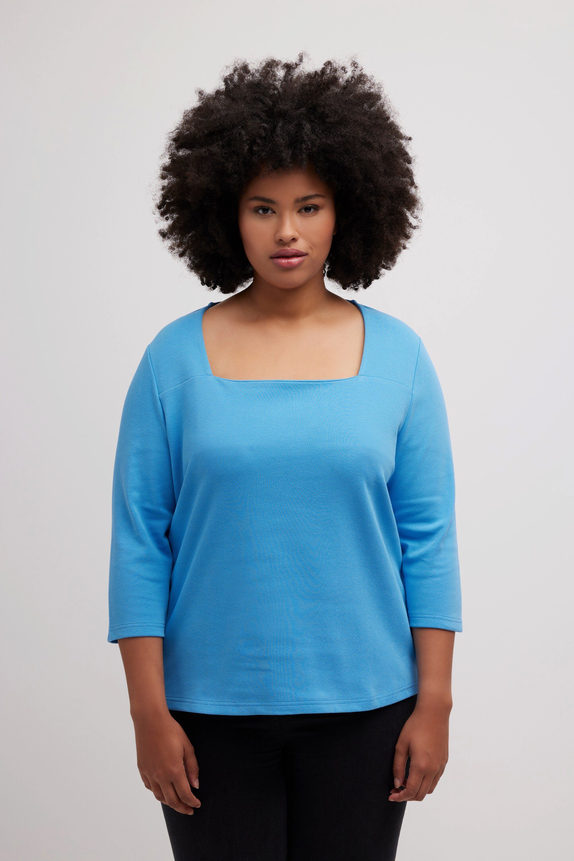 Ulla Popken Sweatshirt Shirt Quernaht Classic Carrée-Ausschnitt 3/4-Arm stahlblau | Sweatshirts