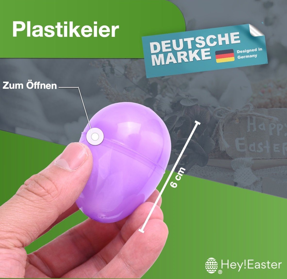 Hey!Easter® Osterei 12x Ostereier Plastikeier Kunststoffeier Überraschungseier (12er Set, 12 St., 12x Plastikeier in bunten Farben), Einfaches Öffnen und Schließen