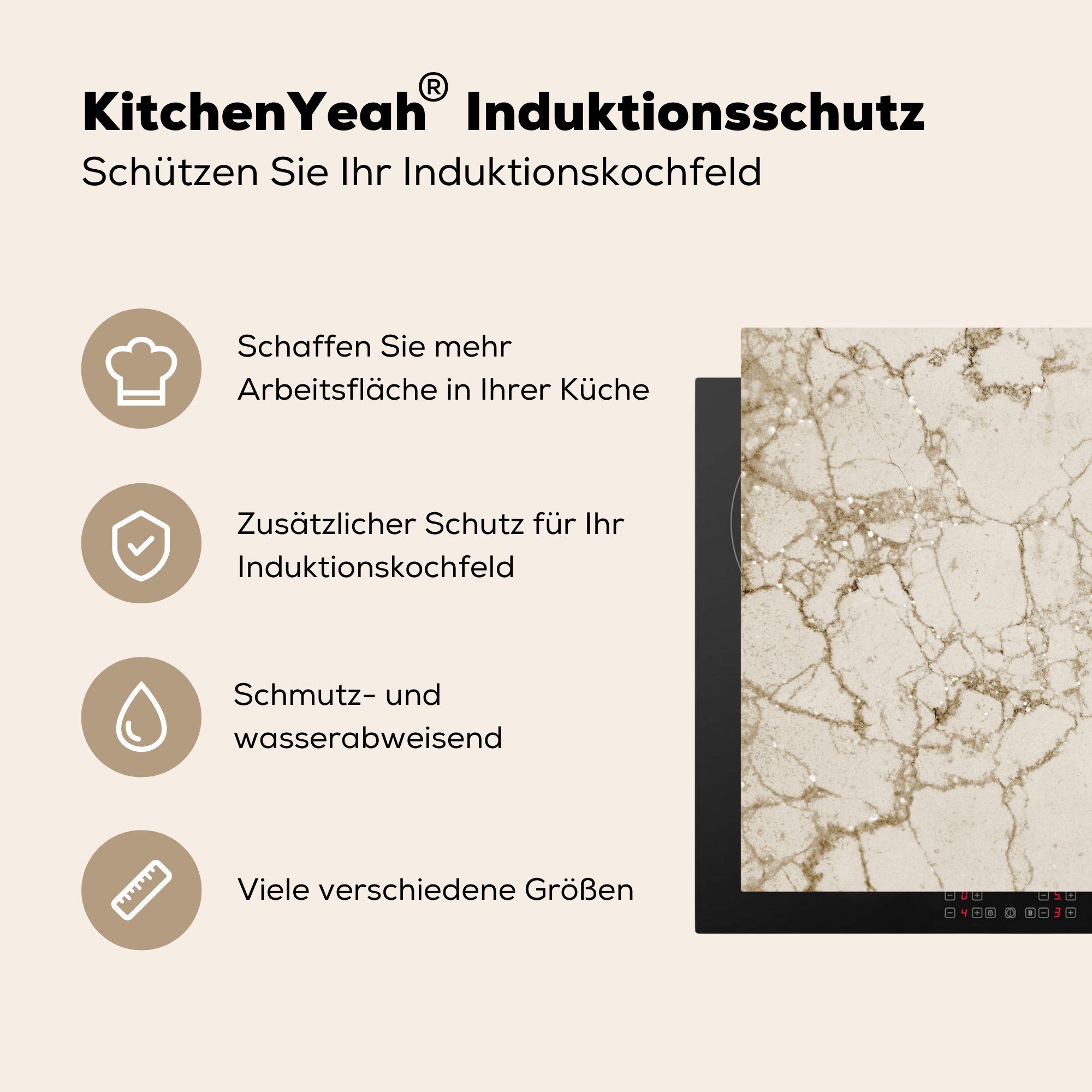 MuchoWow Herdblende-/Abdeckplatte Marmor - Weiß - (1 Arbeitsplatte küche für cm, Vinyl, Ceranfeldabdeckung, tlg), 78x78 Beige