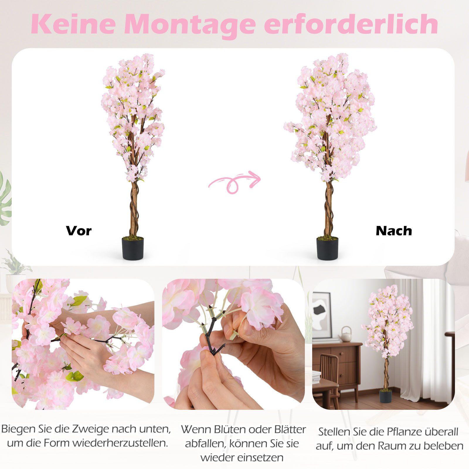 Kunstpflanze Kirschbäume, KOMFOTTEU, Blumenpflanze mit natürlichem Holzstam günstig online kaufen