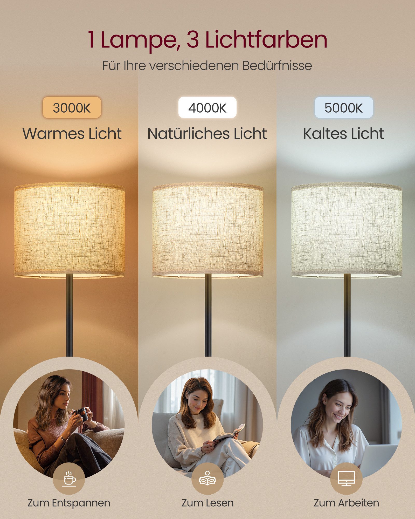 VASAGLE Stehlampe höhenverstellbare Leselampe, 140-170 cm hoch, mit 3 Lichtfarben, Fußtaster, Lampenschirm aus Stoff