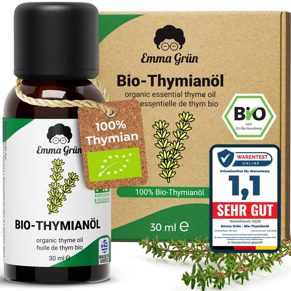 Emma Grün Duftöl Bio Thymian, ätherisch, naturrein & hochdosiert (Set, Je nach Auswahl: 1x, 2x oder 5x Bio Thymianöl 30 ml), Höchste Bio-Zertifizierung als Lebensmittel, naturrein & ohne Zusätze