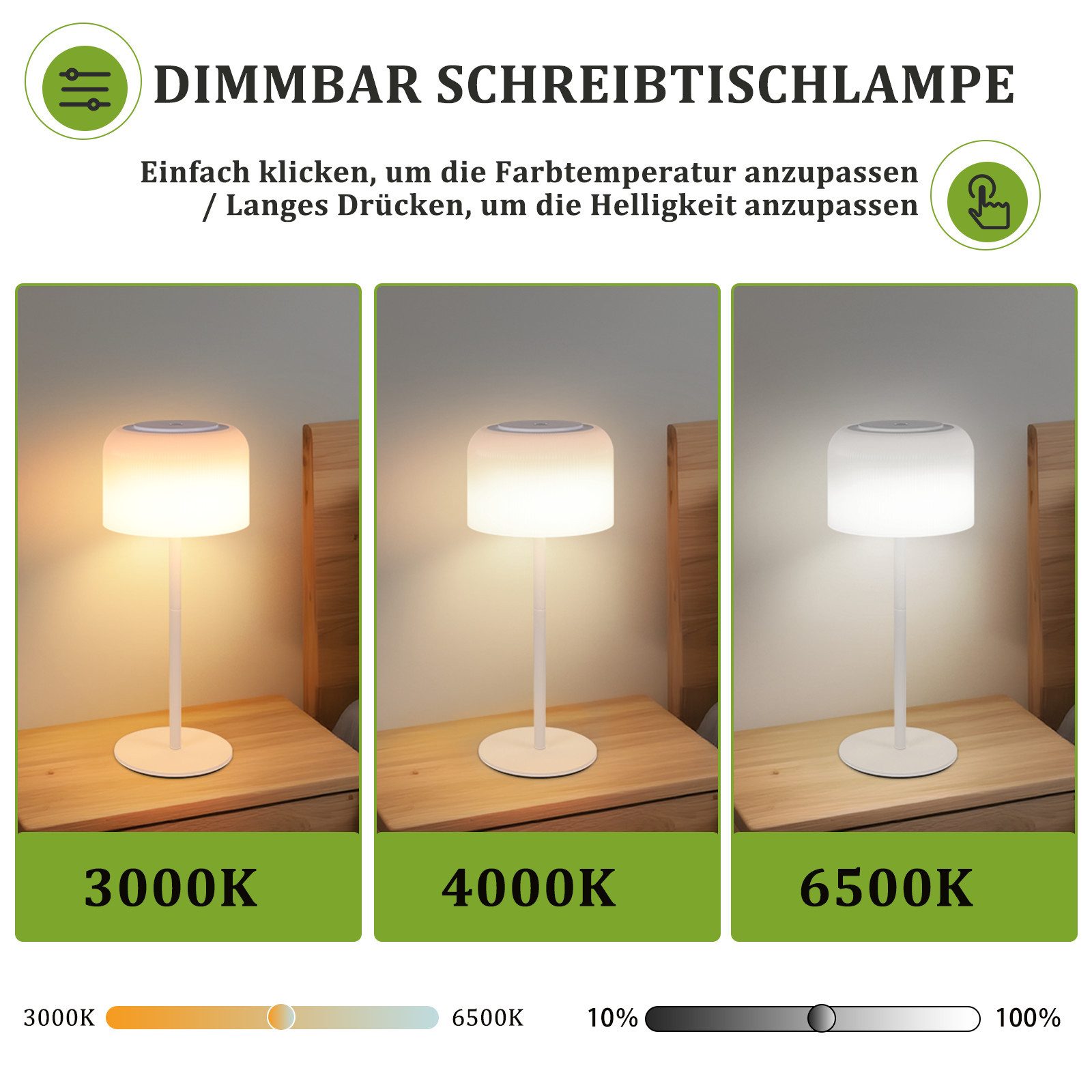 ZMH LED Schreibtischlampe LED kabellos dimmbar 3000-6500K USB-C Tischleuchte für Terrasse, Augenschutz, LED fest integriert, Warmweiß-Neutralweiß-Kaltweiß, Tischleuchte für Innen, Tischlampe für Draußen.