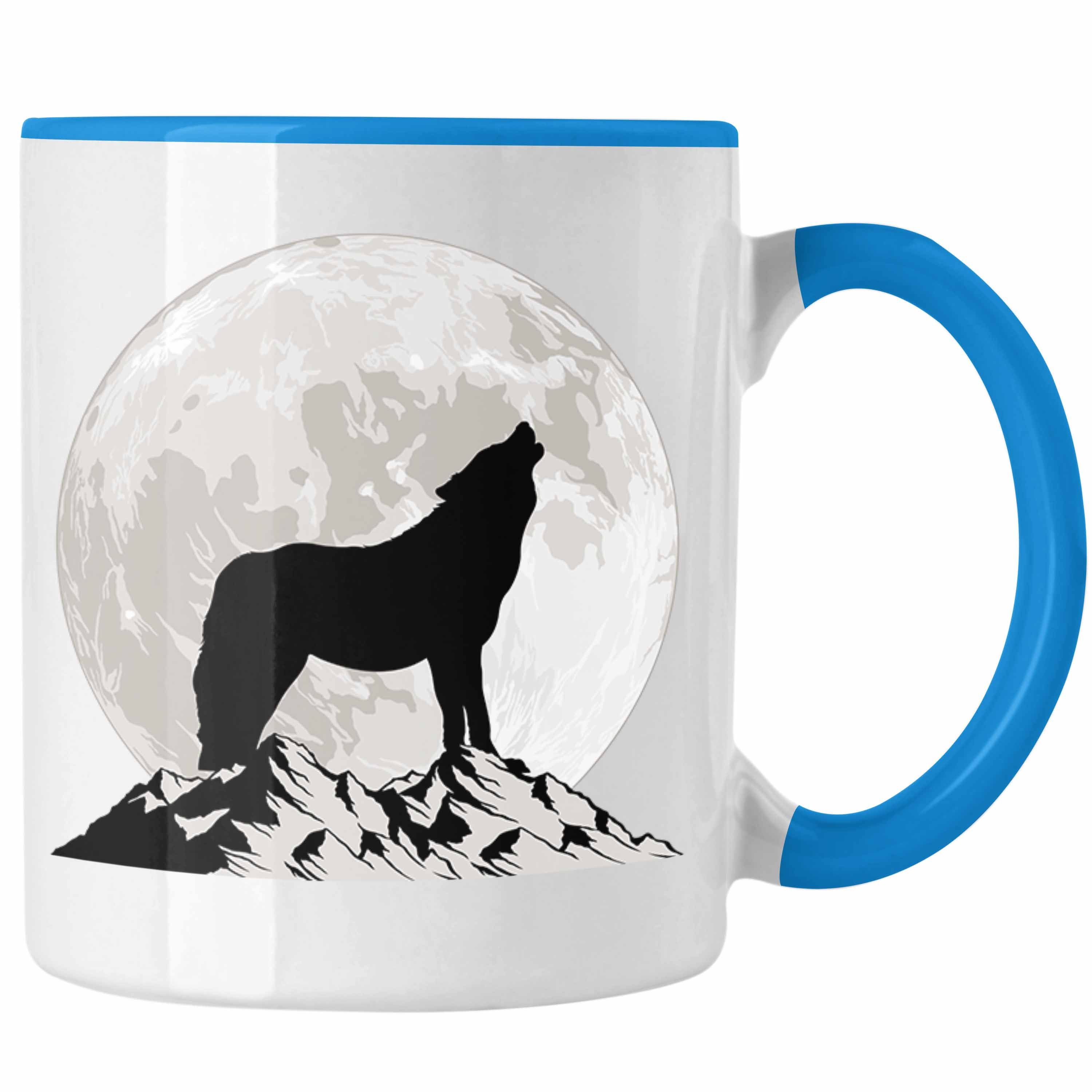 Trendation Tasse Geschenk Grafik Wolf Geschenkidee Blau Wolf Im Tasse Mondlicht