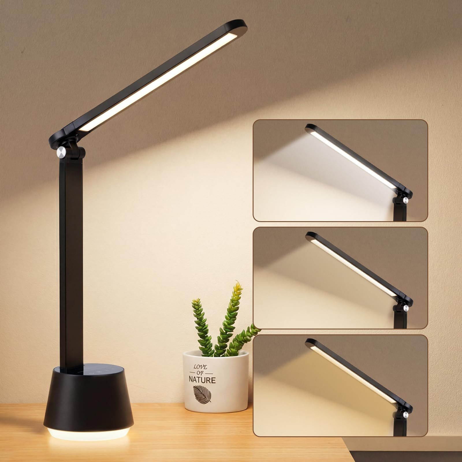 LQWELL LED Schreibtischlampe Nachttischlampe Touch LED Schreibtischlampe mit UntenNachtlicht, LED fest integriert, 3 Farben & Helligkeit Dimmbare, Lampenkopf faltbar, Timerfunktion, 1.5m Netzkabel, für Zuhause, das Büro oder unterwegs.